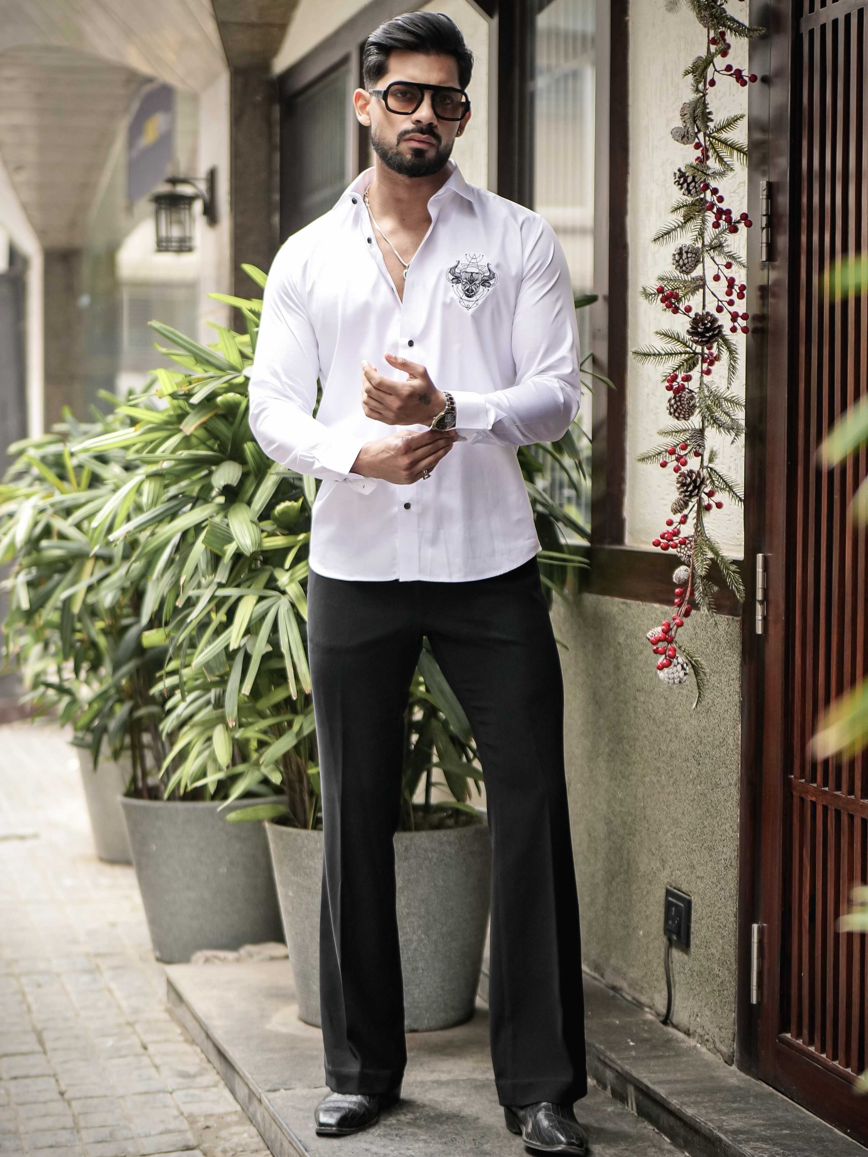 WHITE EMBROIDERED DESIGNER SATIN COTTON SHIRT FOR MEN'S - Image 4