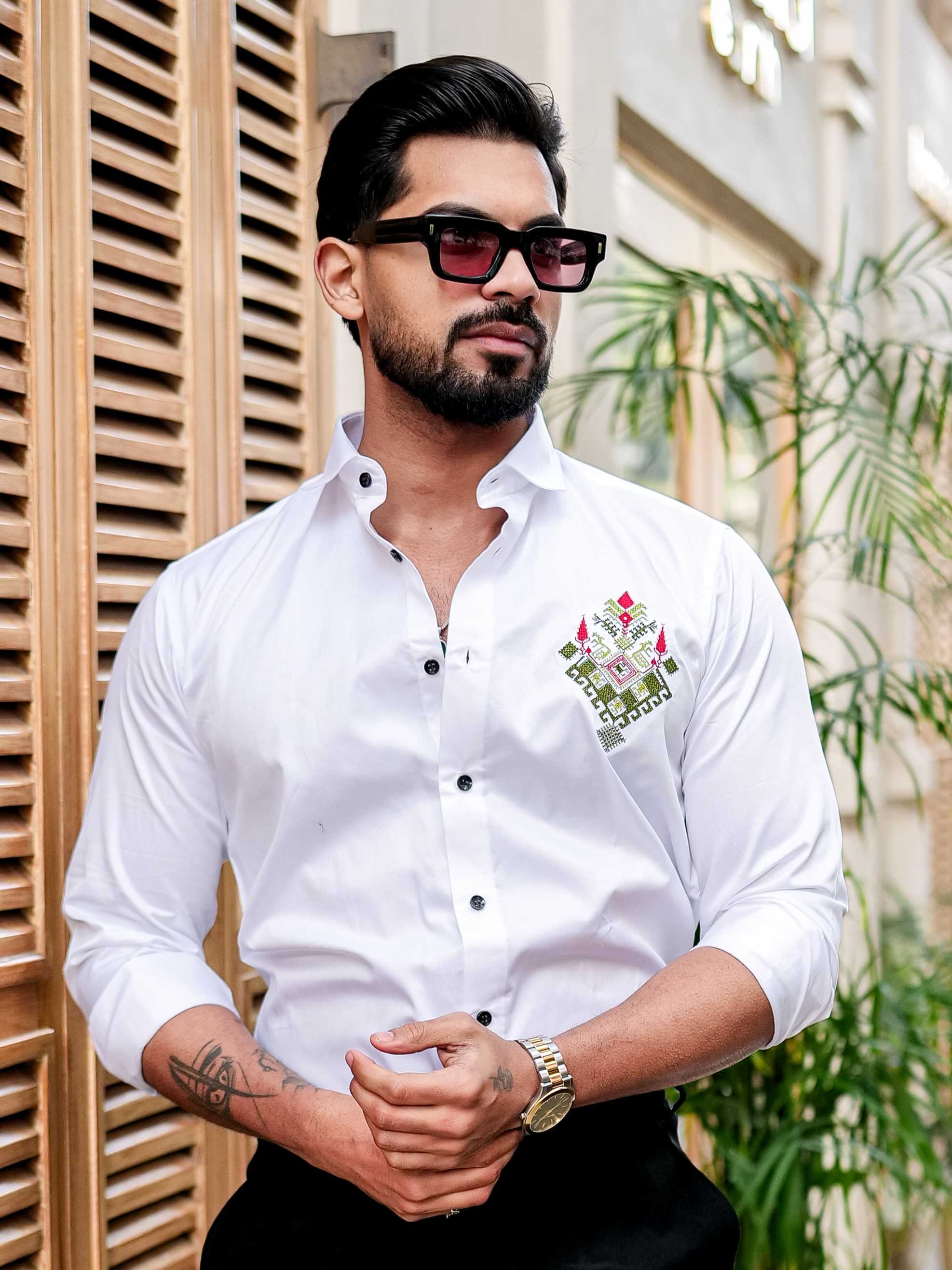 WHITE EMBROIDERED DESIGNER SATIN COTTON SHIRT FOR MEN'S - Image 5