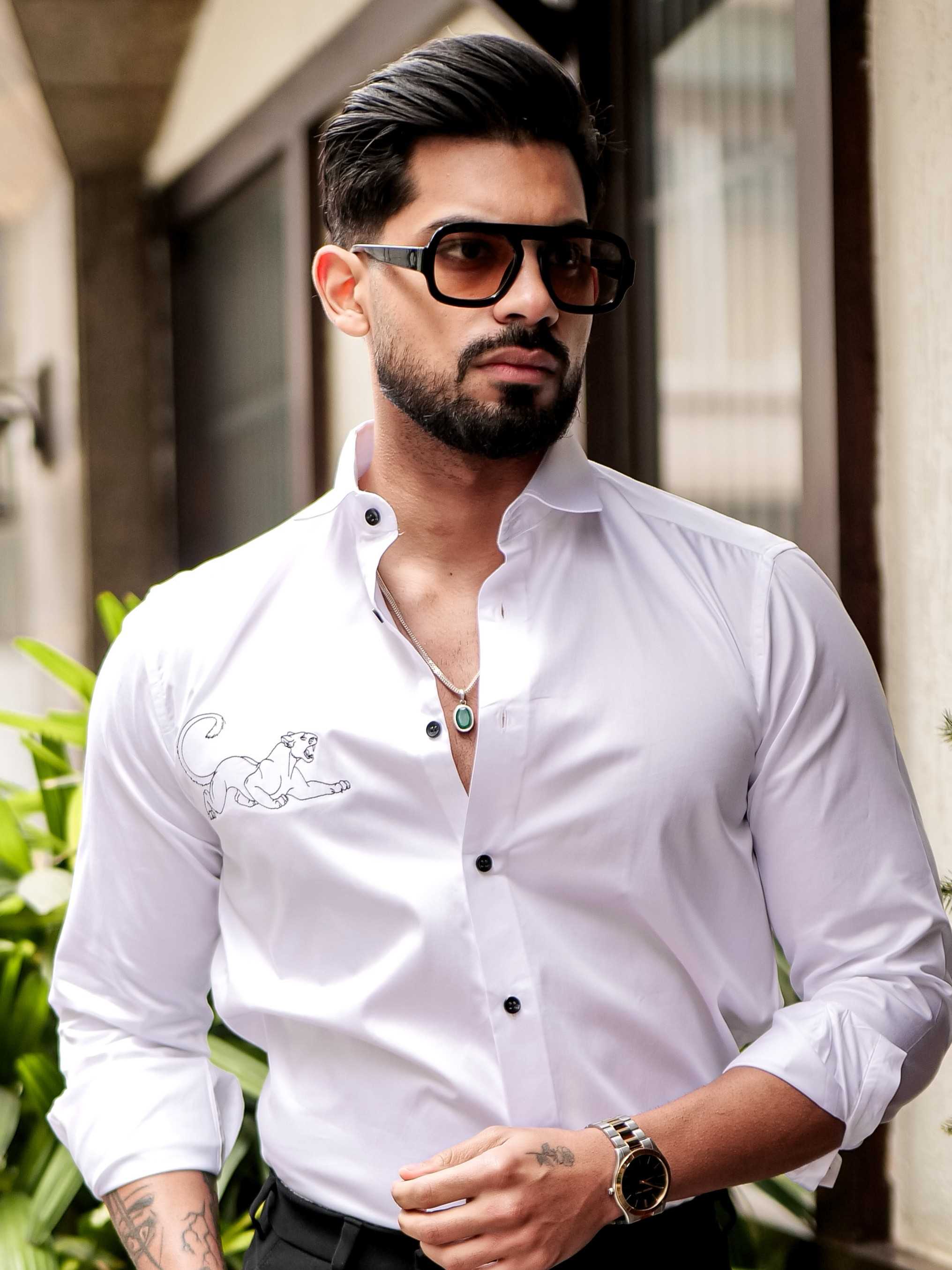 WHITE EMBROIDERED DESIGNER SATIN COTTON SHIRT FOR MEN'S