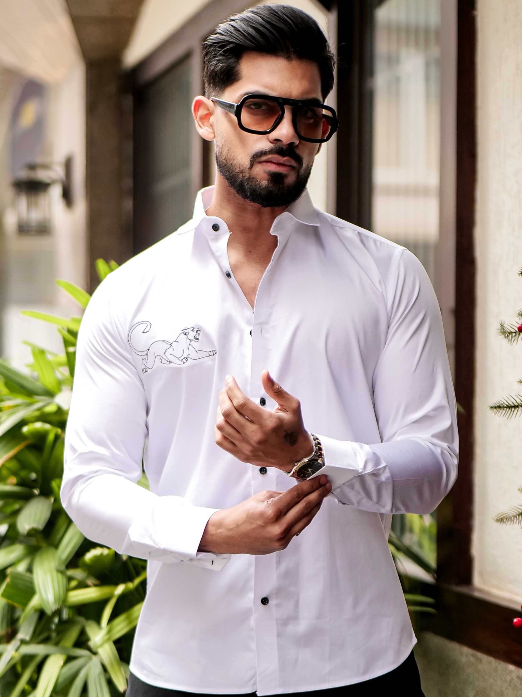 WHITE EMBROIDERED DESIGNER SATIN COTTON SHIRT FOR MEN'S - Image 6