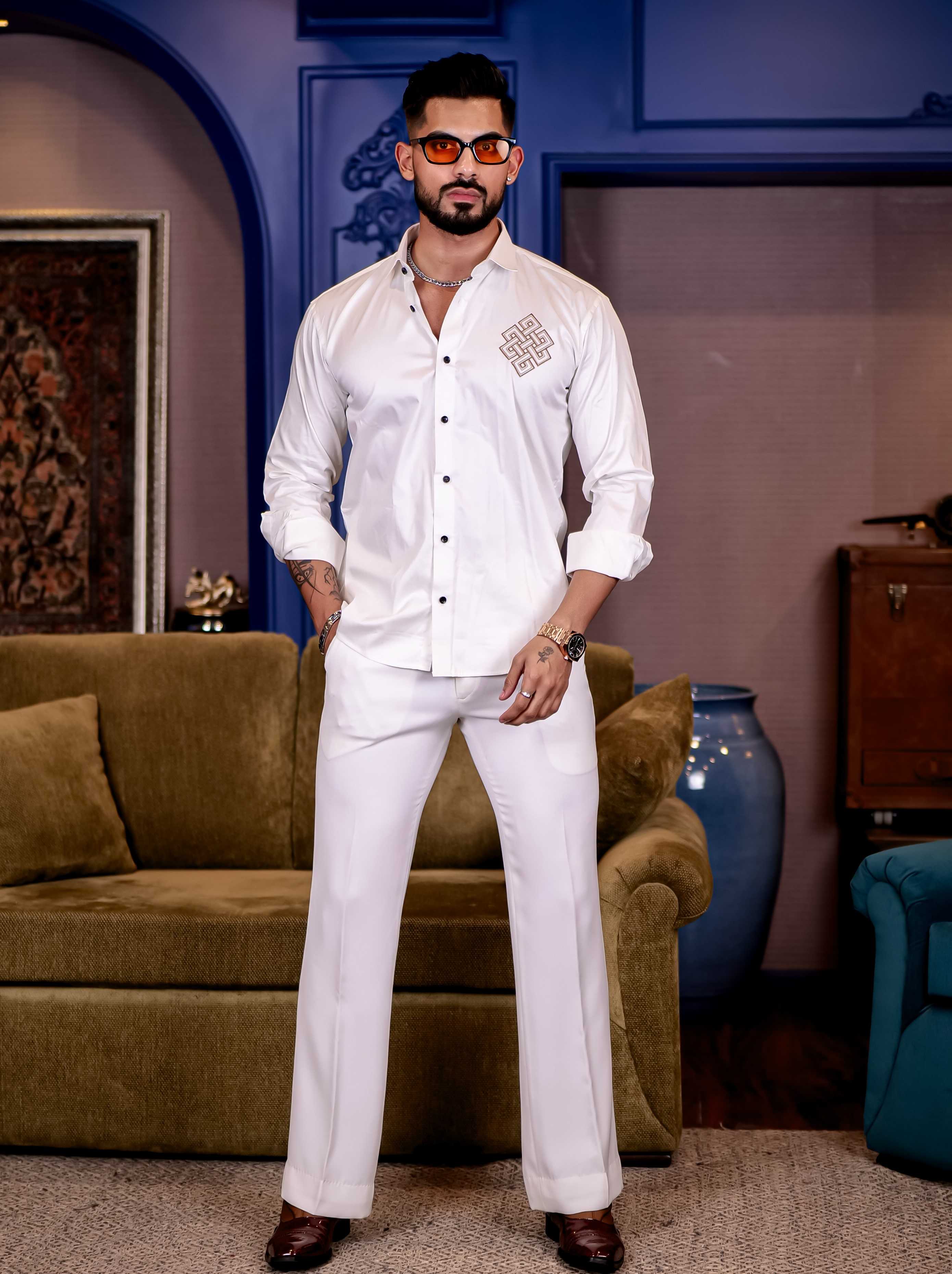 White Embroidered Premium Cotton Shirt For Men - Image 3