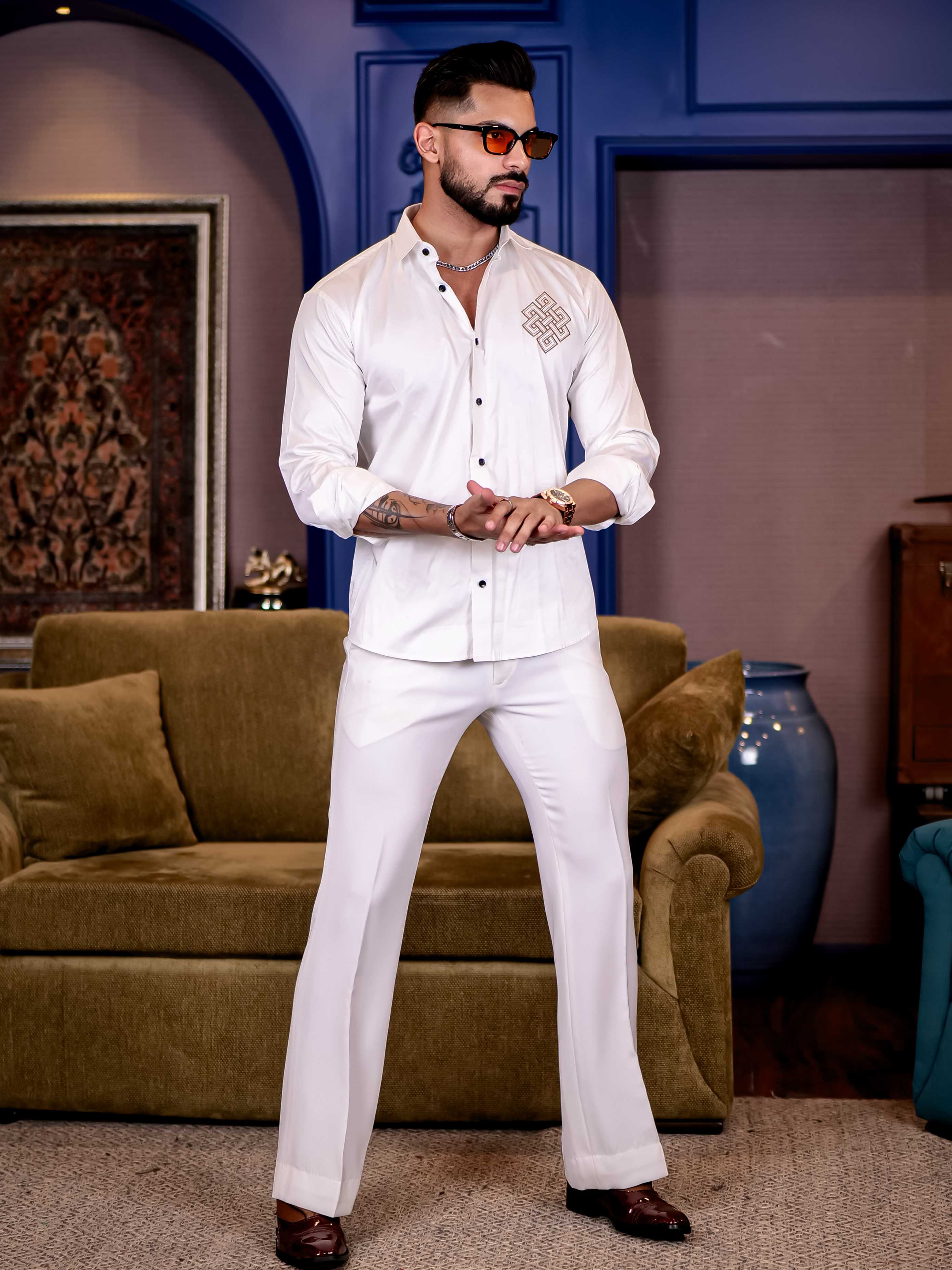 White Embroidered Premium Cotton Shirt For Men - Image 4