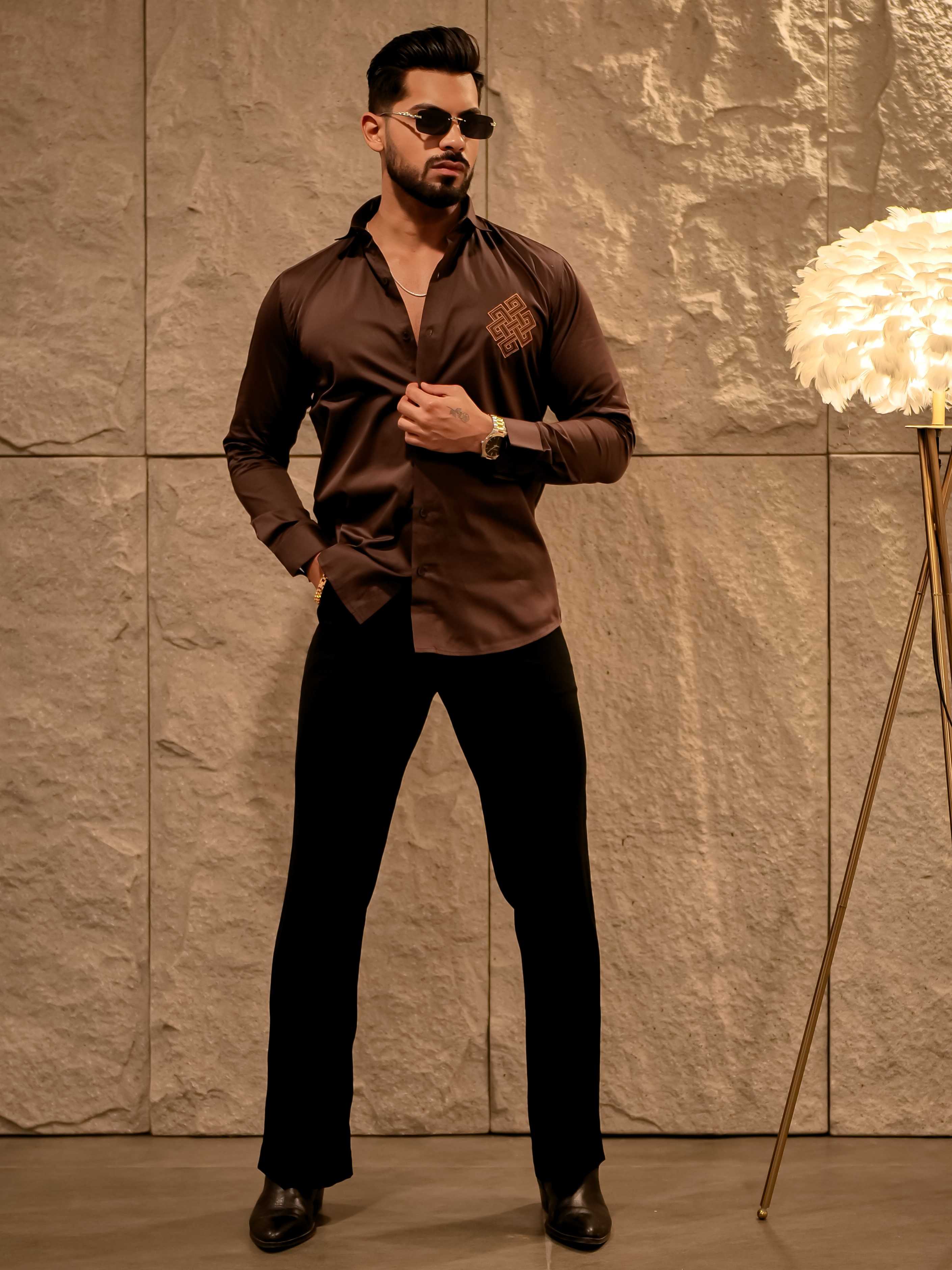 Aesthetic Brown Golden Embroidered Premium Cotton Shirt For Men - Image 6