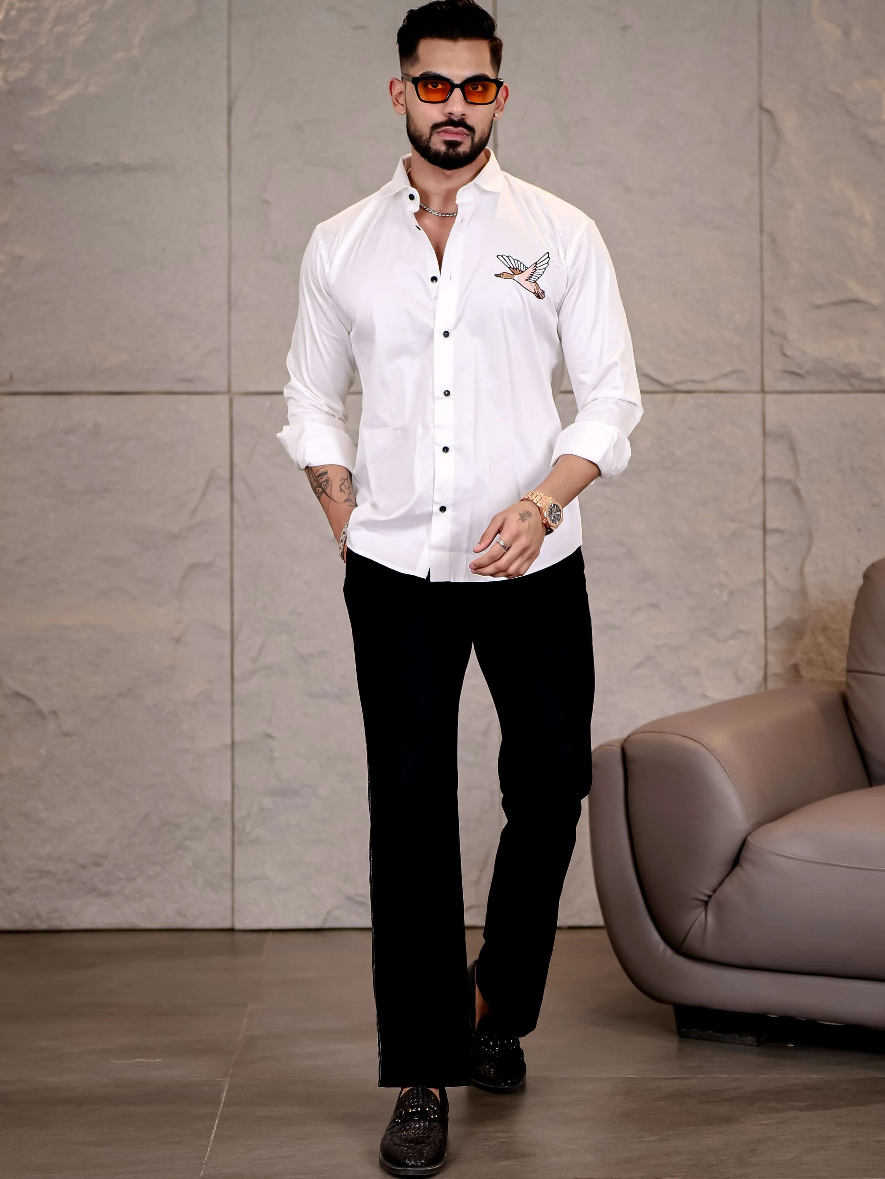 White Hans Embroidered Premium Cotton Shirt For Men - Image 5