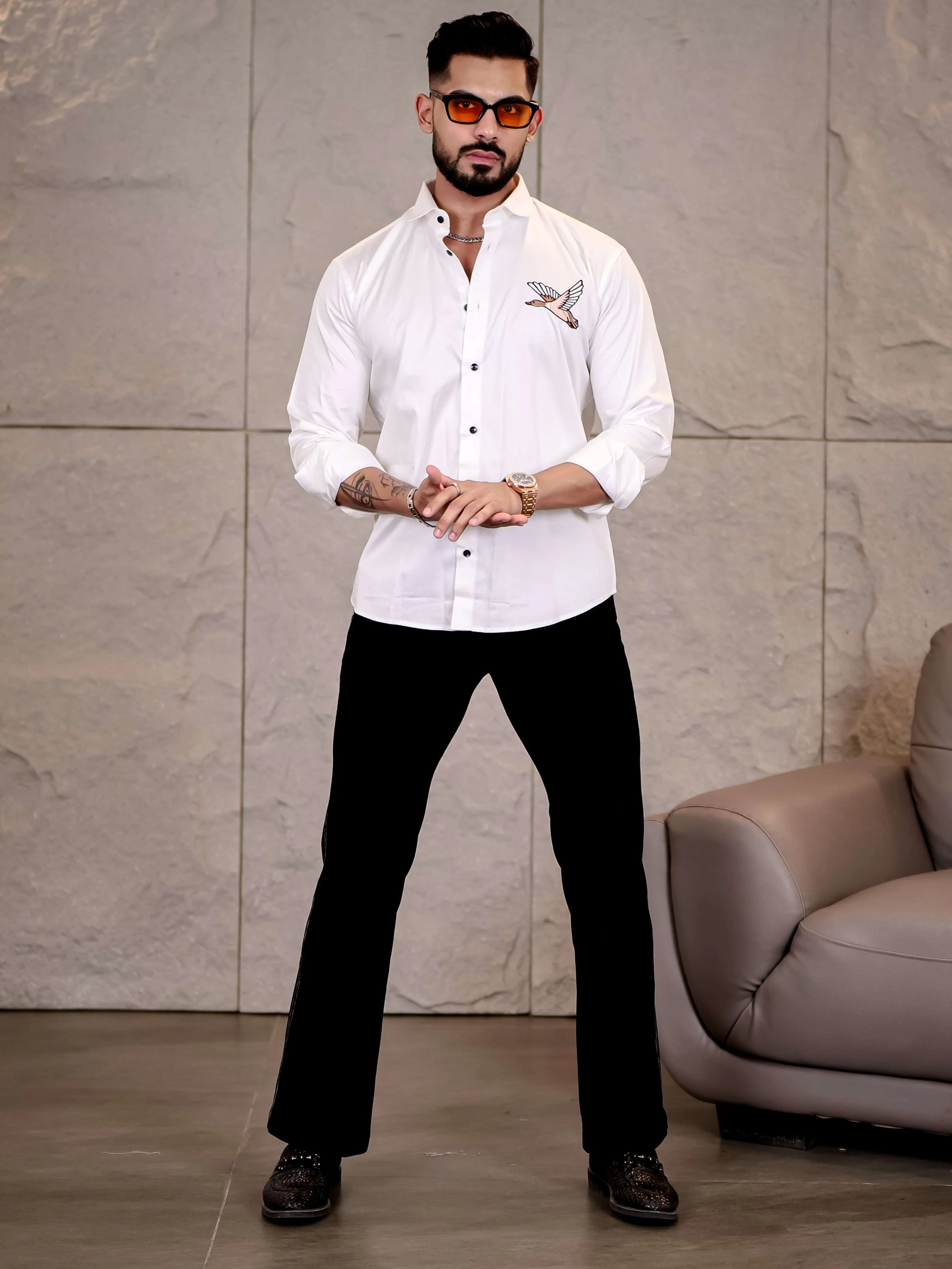White Hans Embroidered Premium Cotton Shirt For Men - Image 6