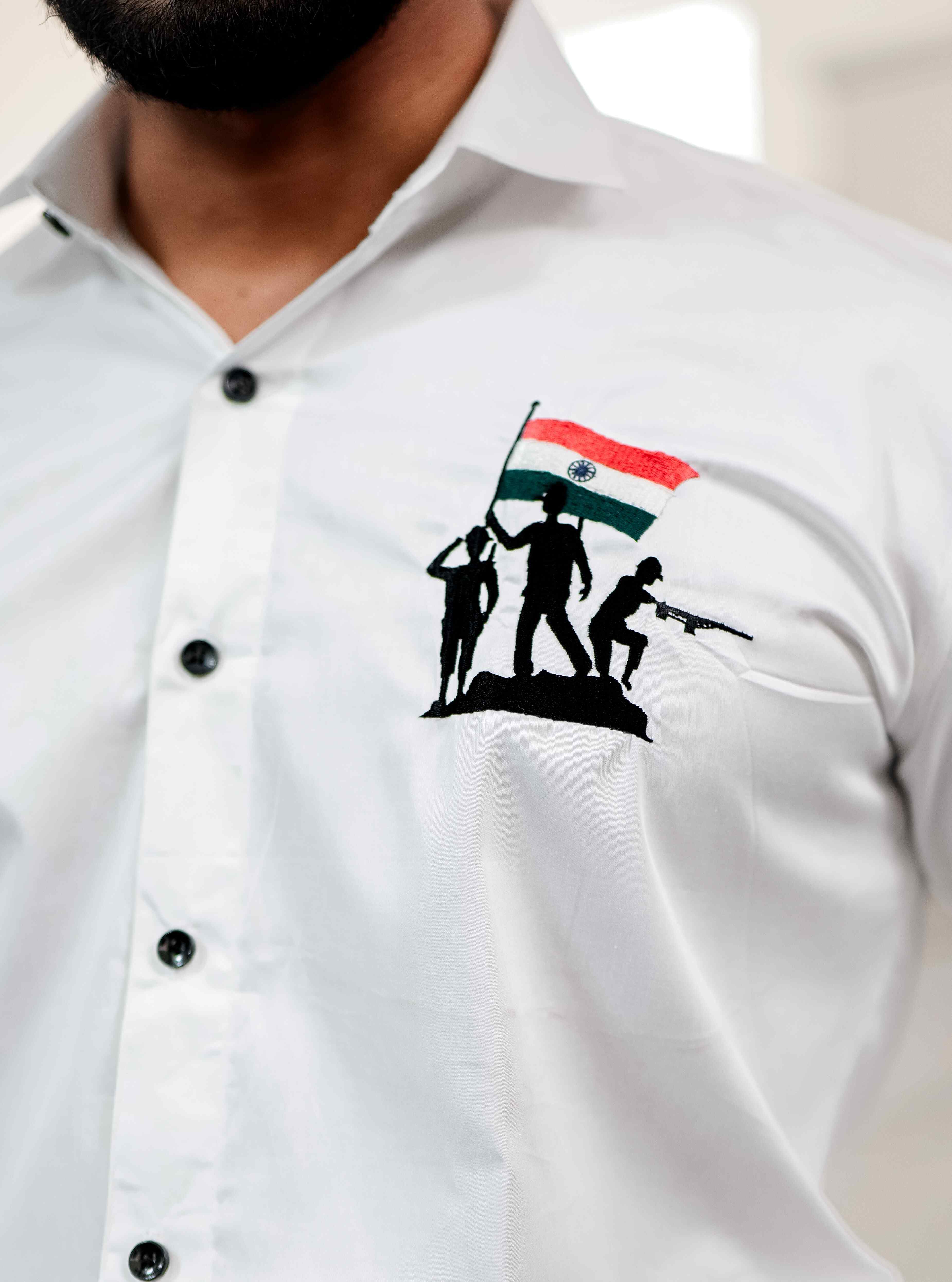White Indian Flag Embroidered Satin Cotton Shirt - Image 2