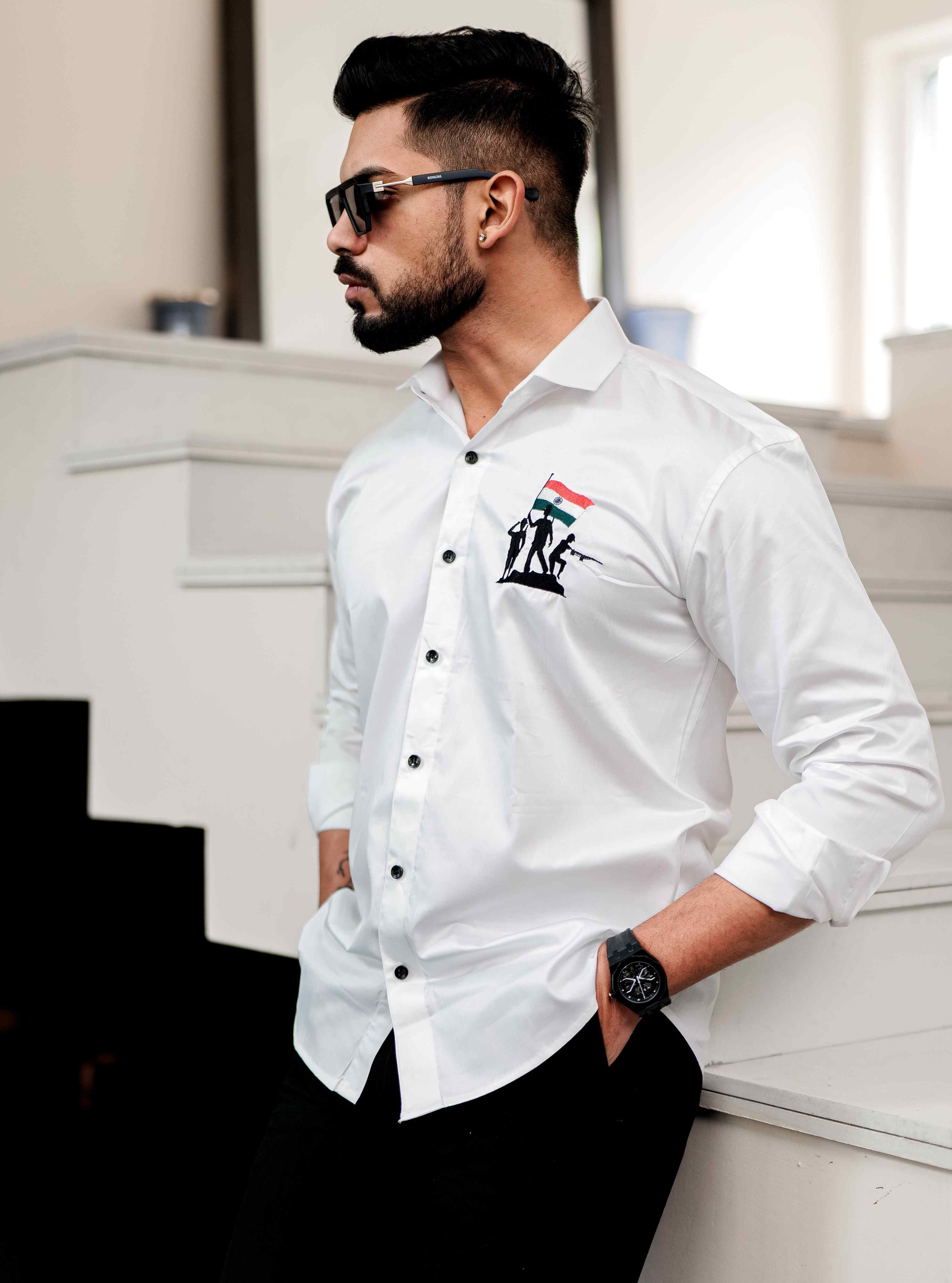 White Indian Flag Embroidered Satin Cotton Shirt - Image 6