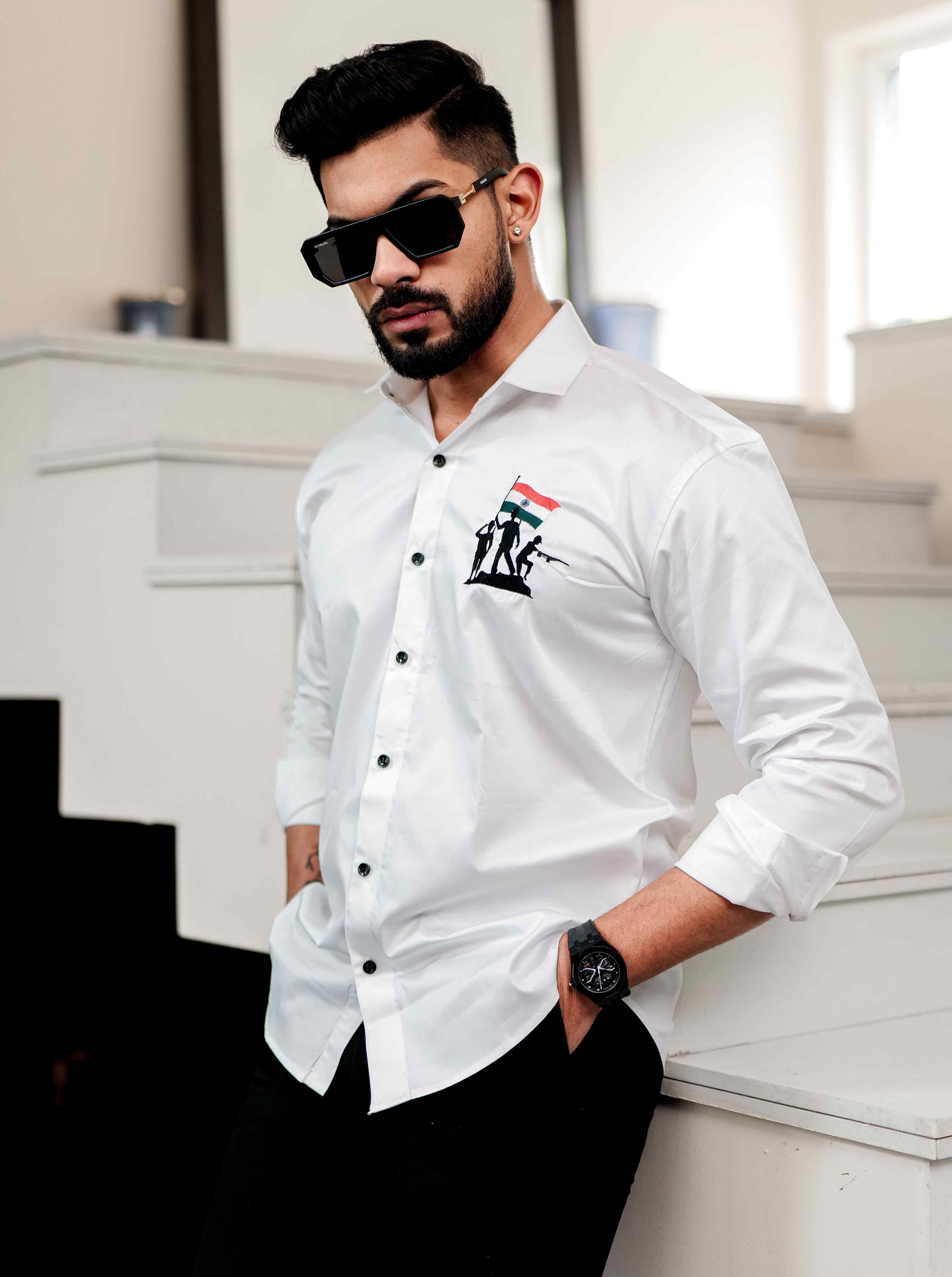 White Indian Flag Embroidered Satin Cotton Shirt - Image 9