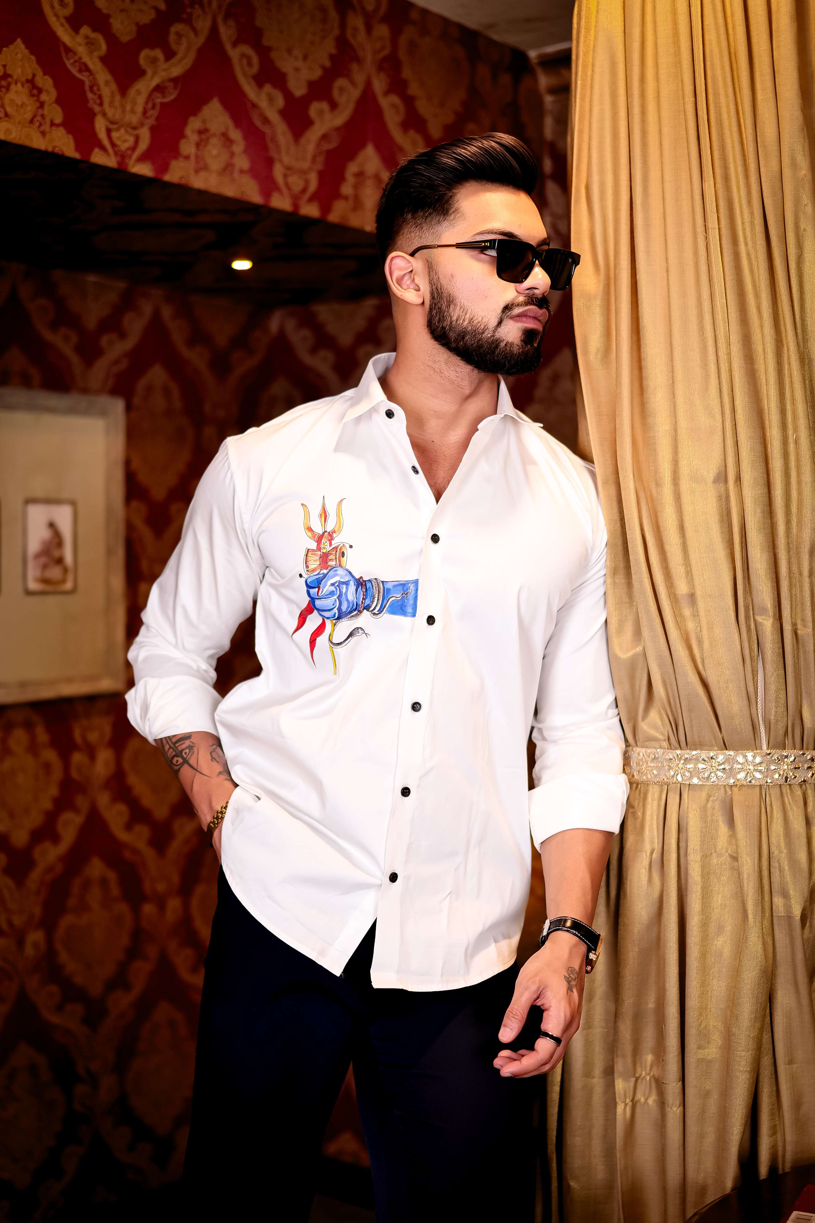 Trishul White Club Wear Printed Satin Cotton Shirt - Image 10
