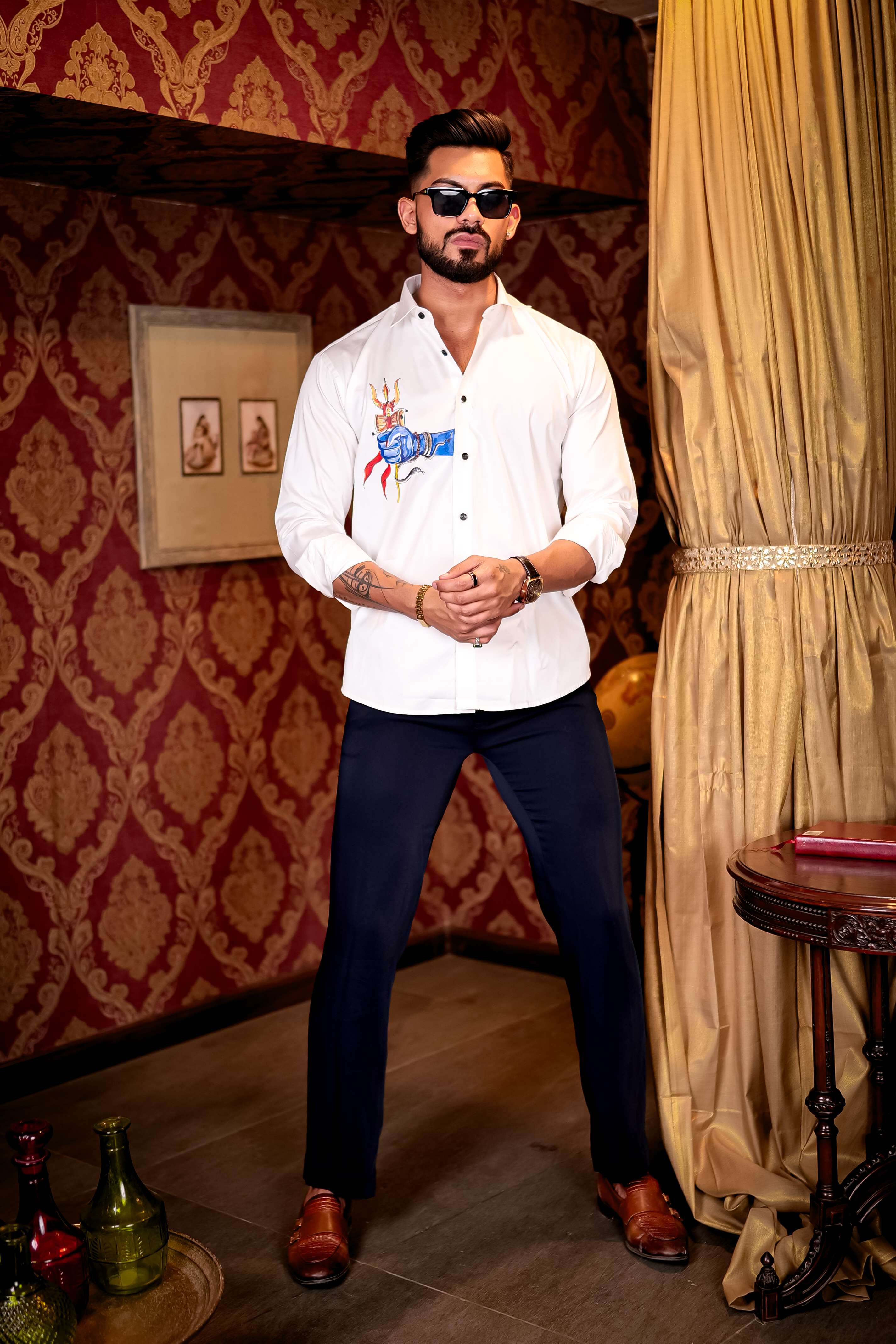 Trishul White Club Wear Printed Satin Cotton Shirt - Image 7