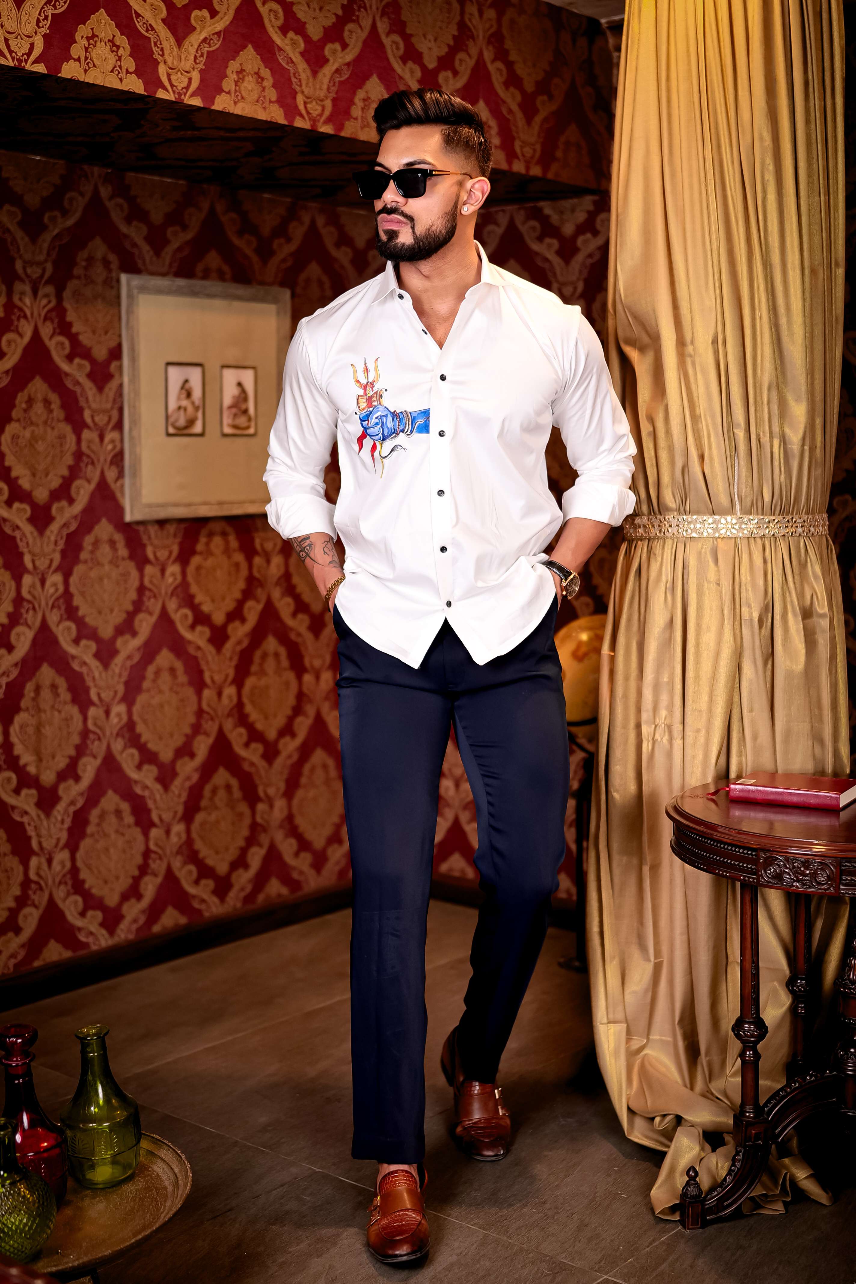 Trishul White Club Wear Printed Satin Cotton Shirt - Image 9