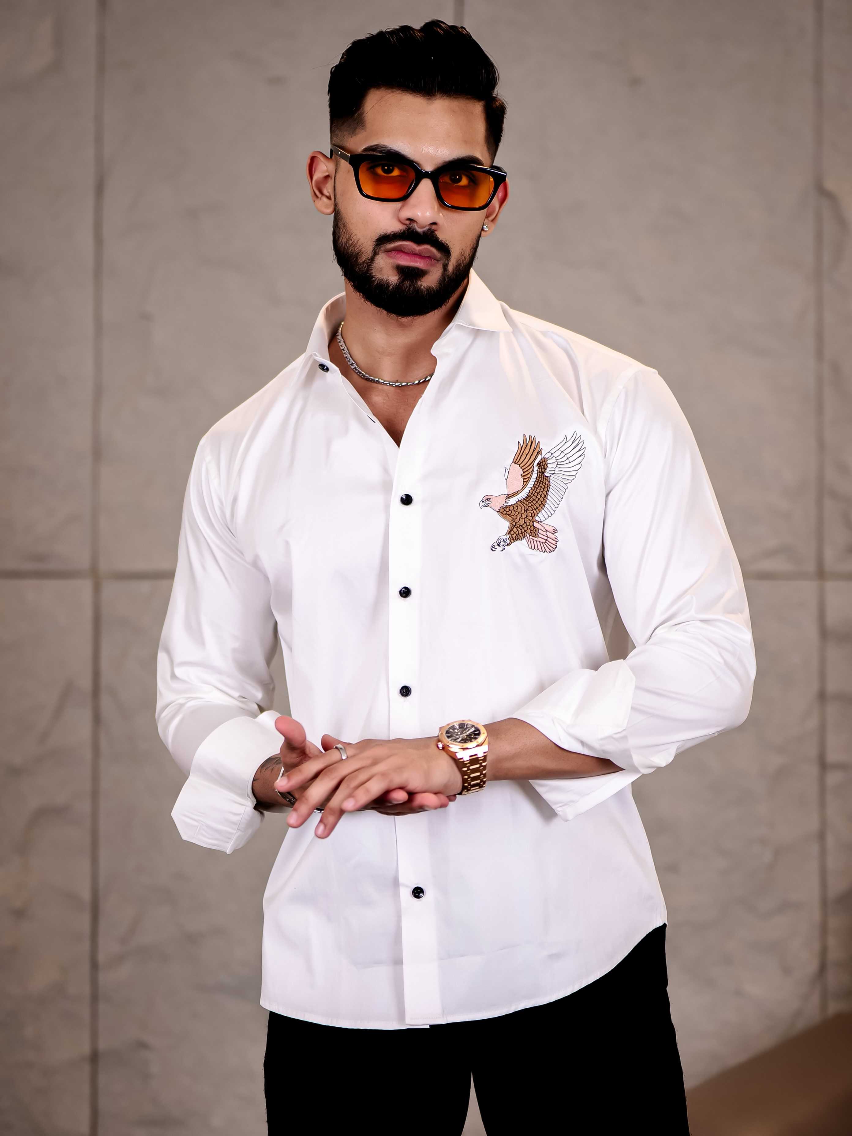White Multicolor Falcon Embroidered Club Wear Satin Cotton Shirt - Image 3