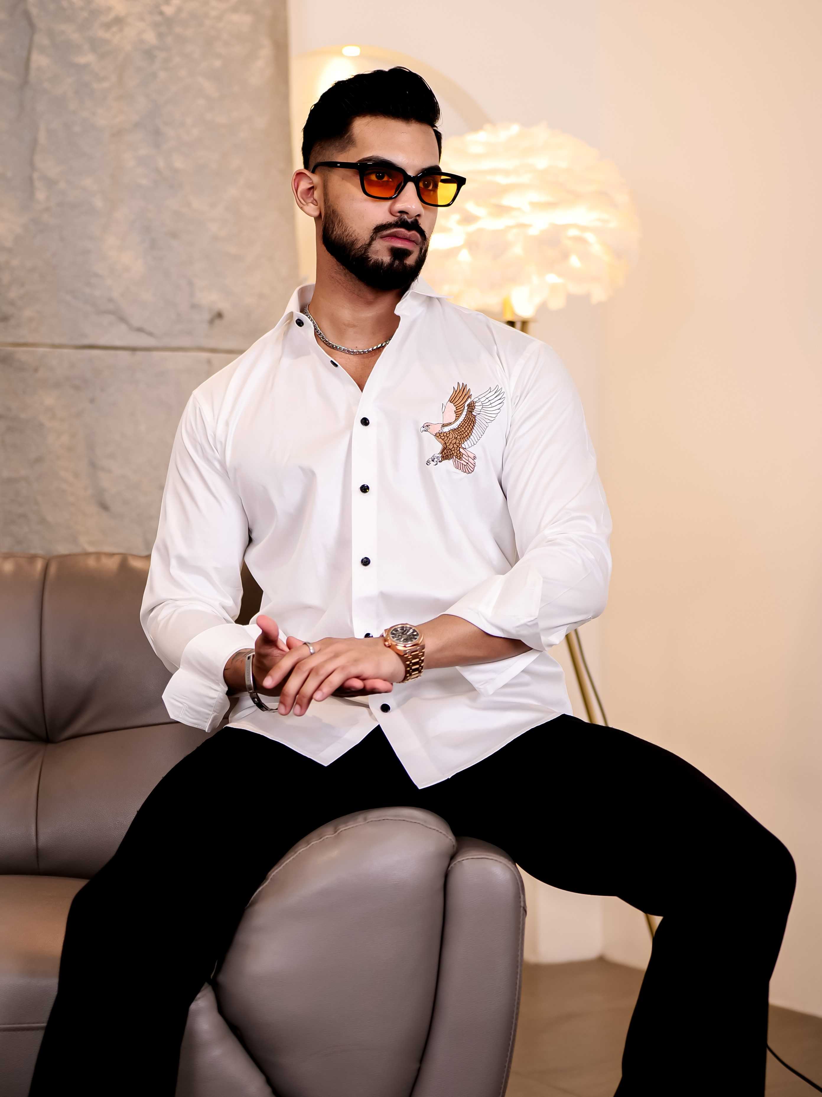 White Multicolor Falcon Embroidered Club Wear Satin Cotton Shirt - Image 4