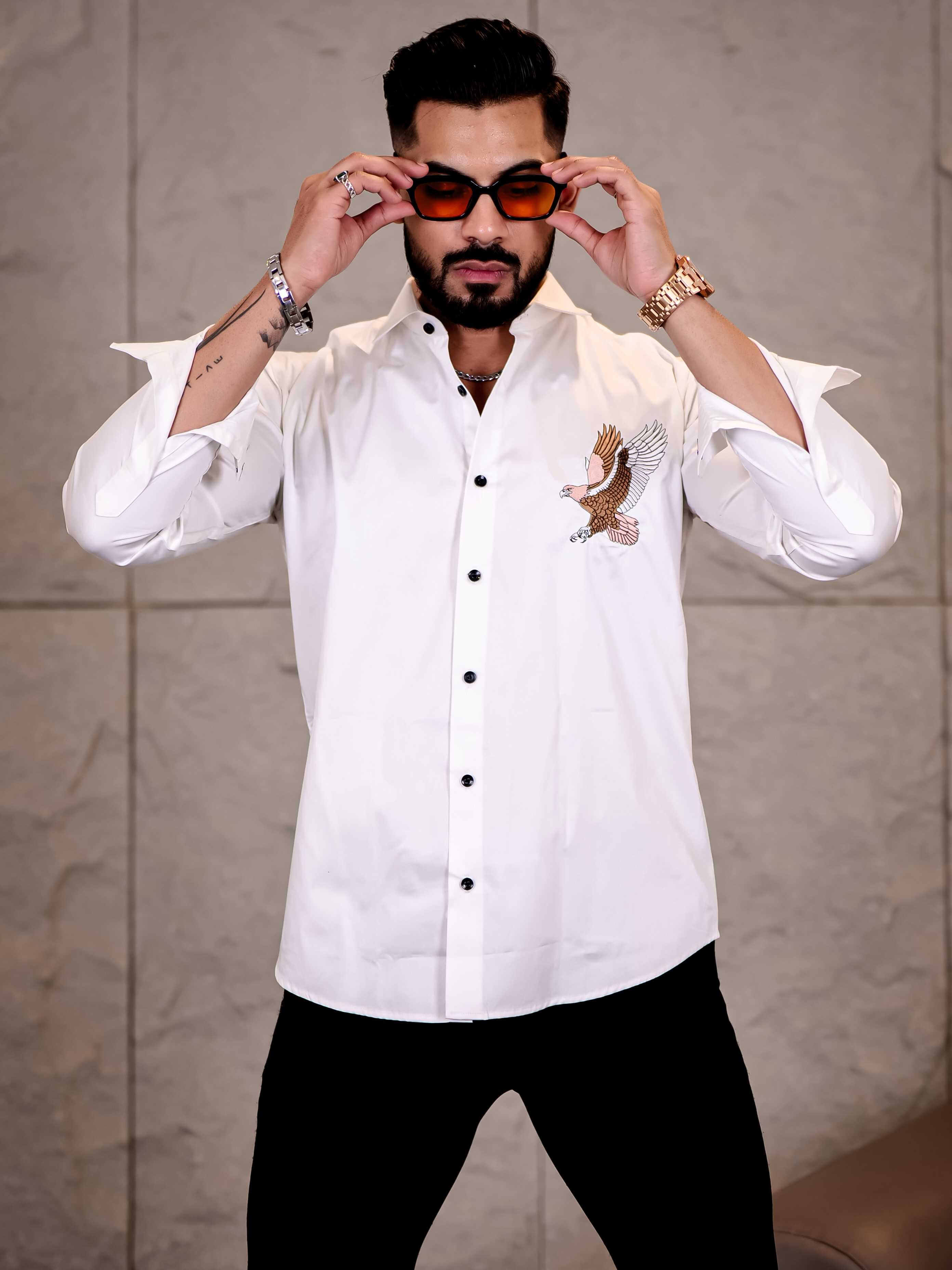 White Multicolor Falcon Embroidered Club Wear Satin Cotton Shirt - Image 5