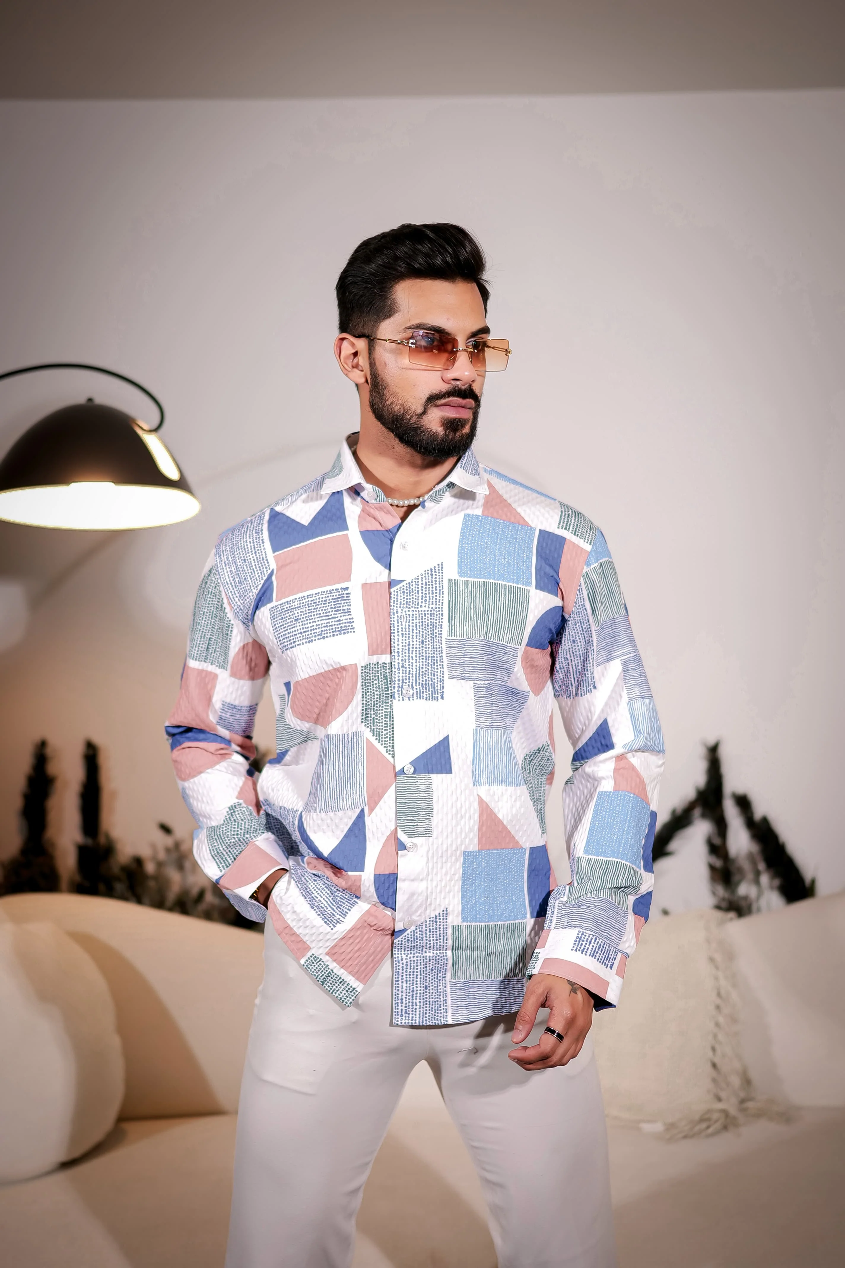 White Multicolor Imported Premium Shirt for Men's - Image 8