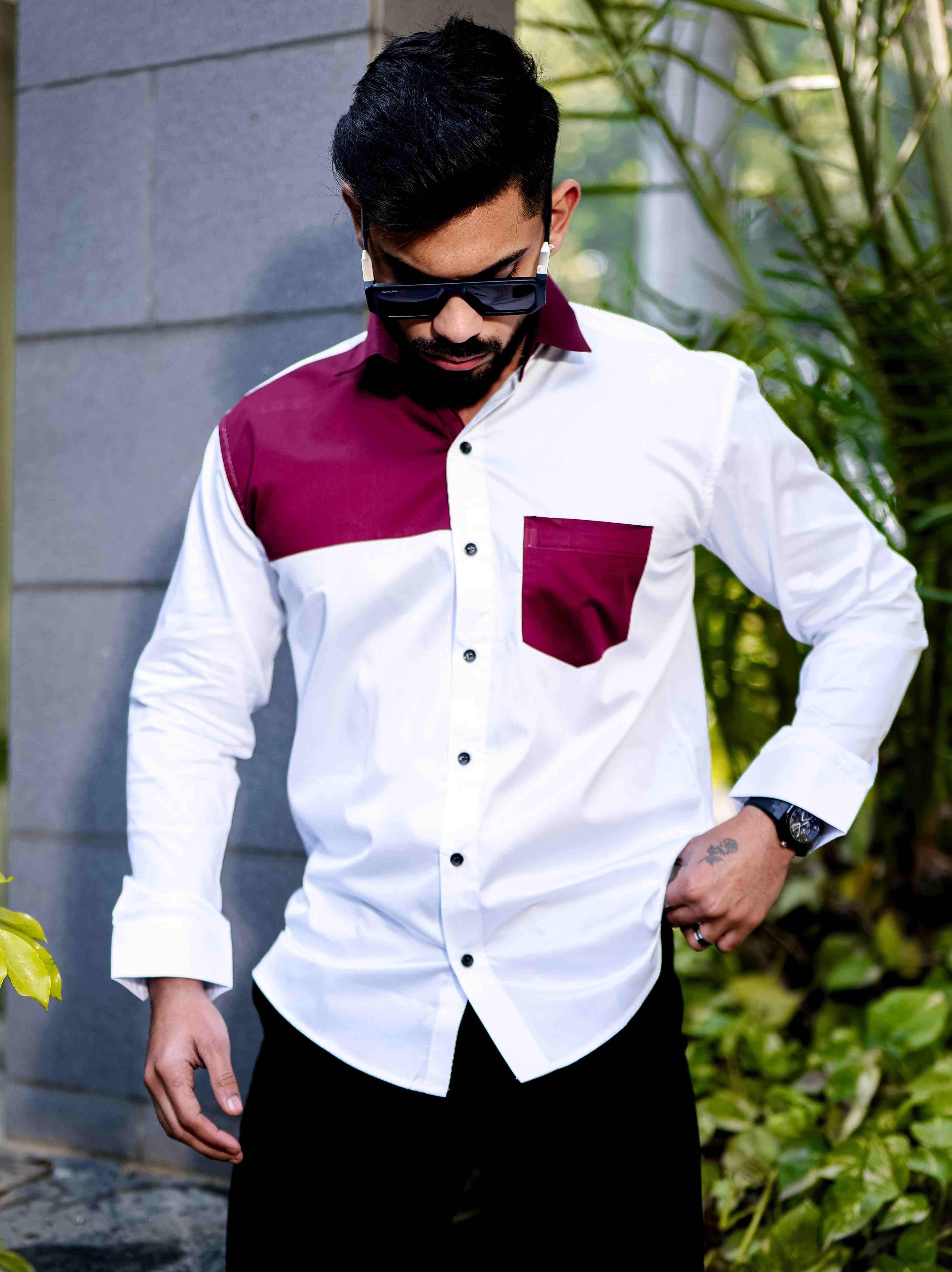 White and Maroon Cut n sew Satin Cotton Designer Shirt - Image 3