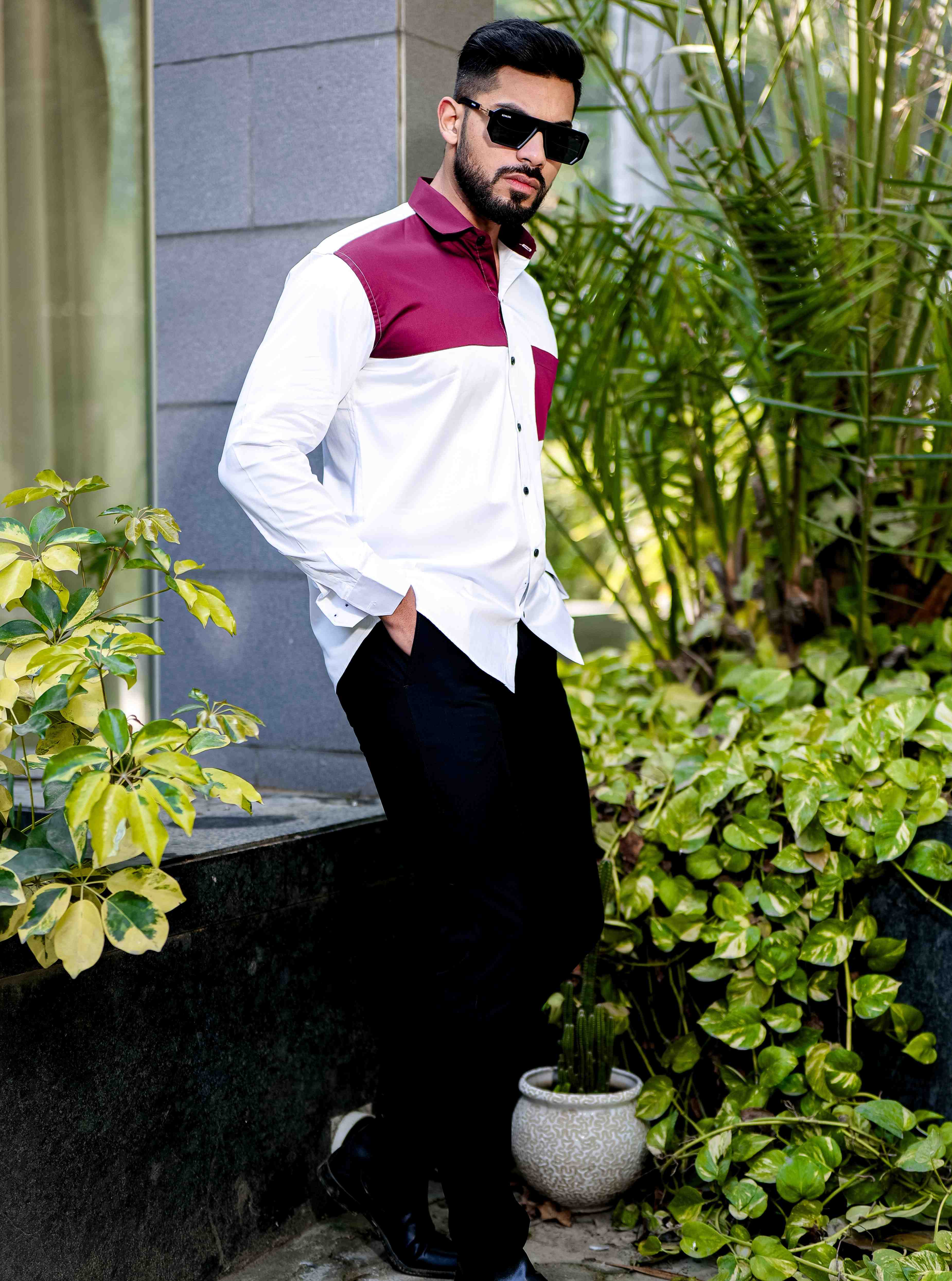 White and Maroon Cut n sew Satin Cotton Designer Shirt - Image 4