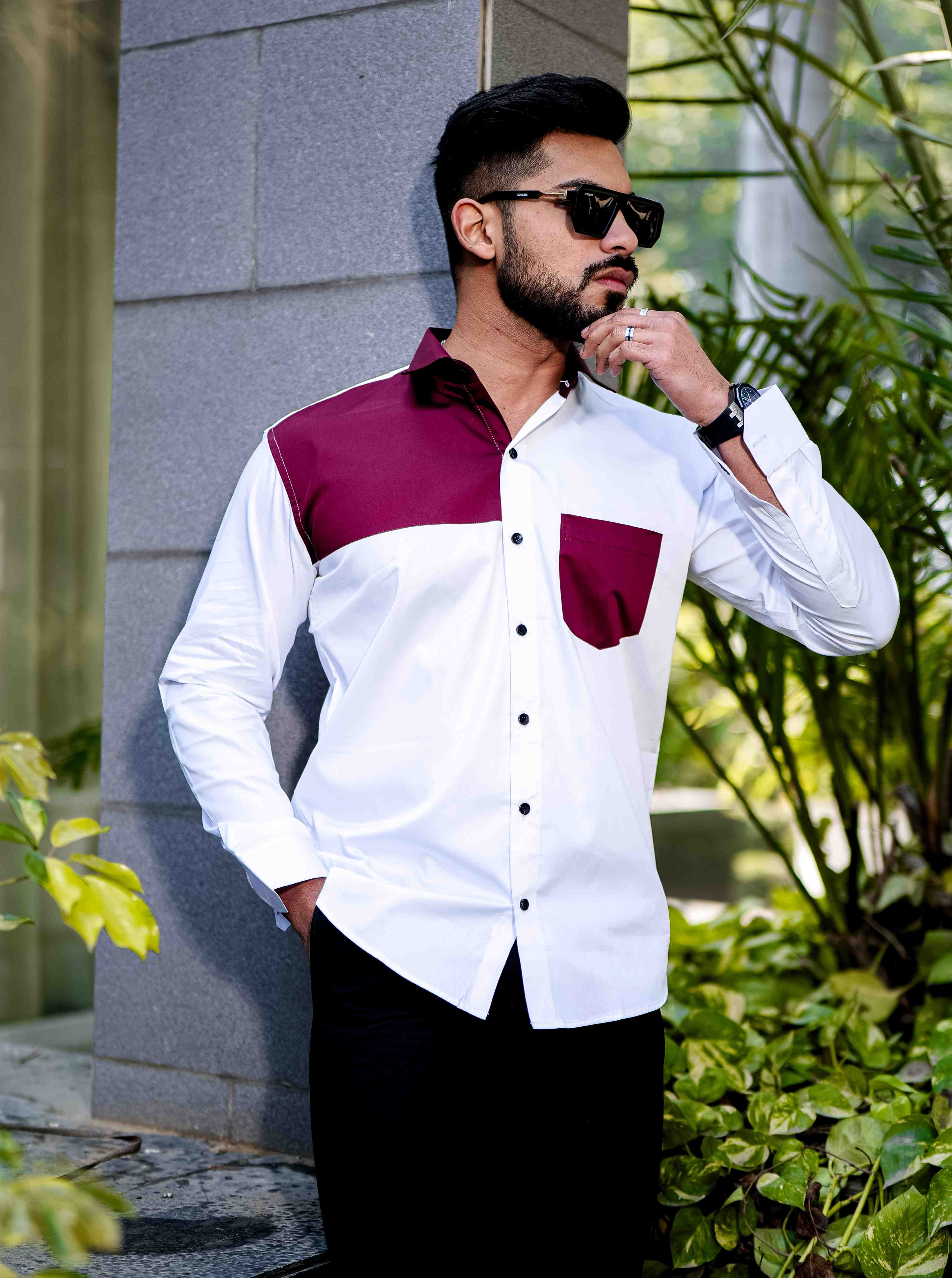 White and Maroon Cut n sew Satin Cotton Designer Shirt - Image 7