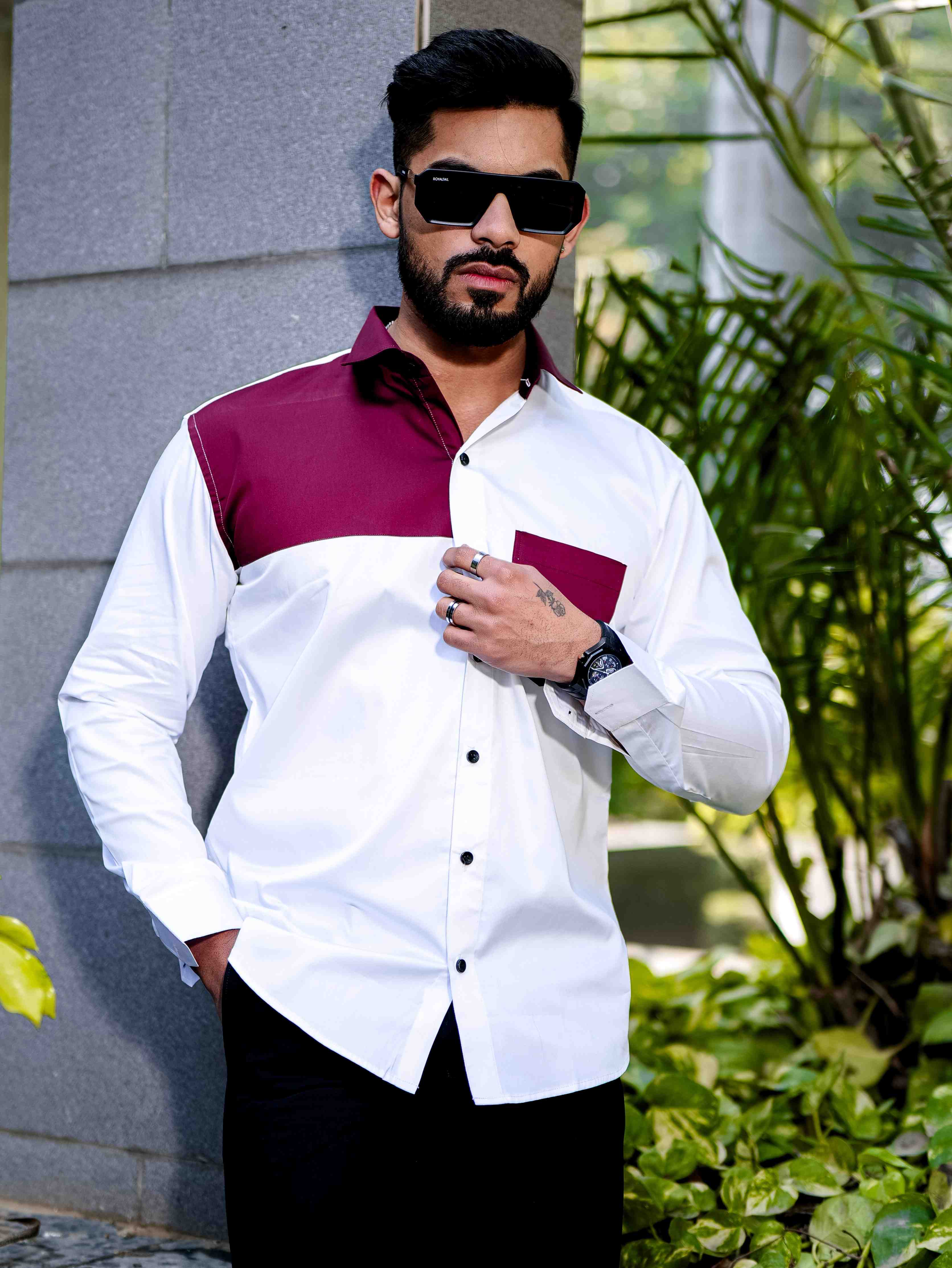 White and Maroon Cut n sew Satin Cotton Designer Shirt - Image 8