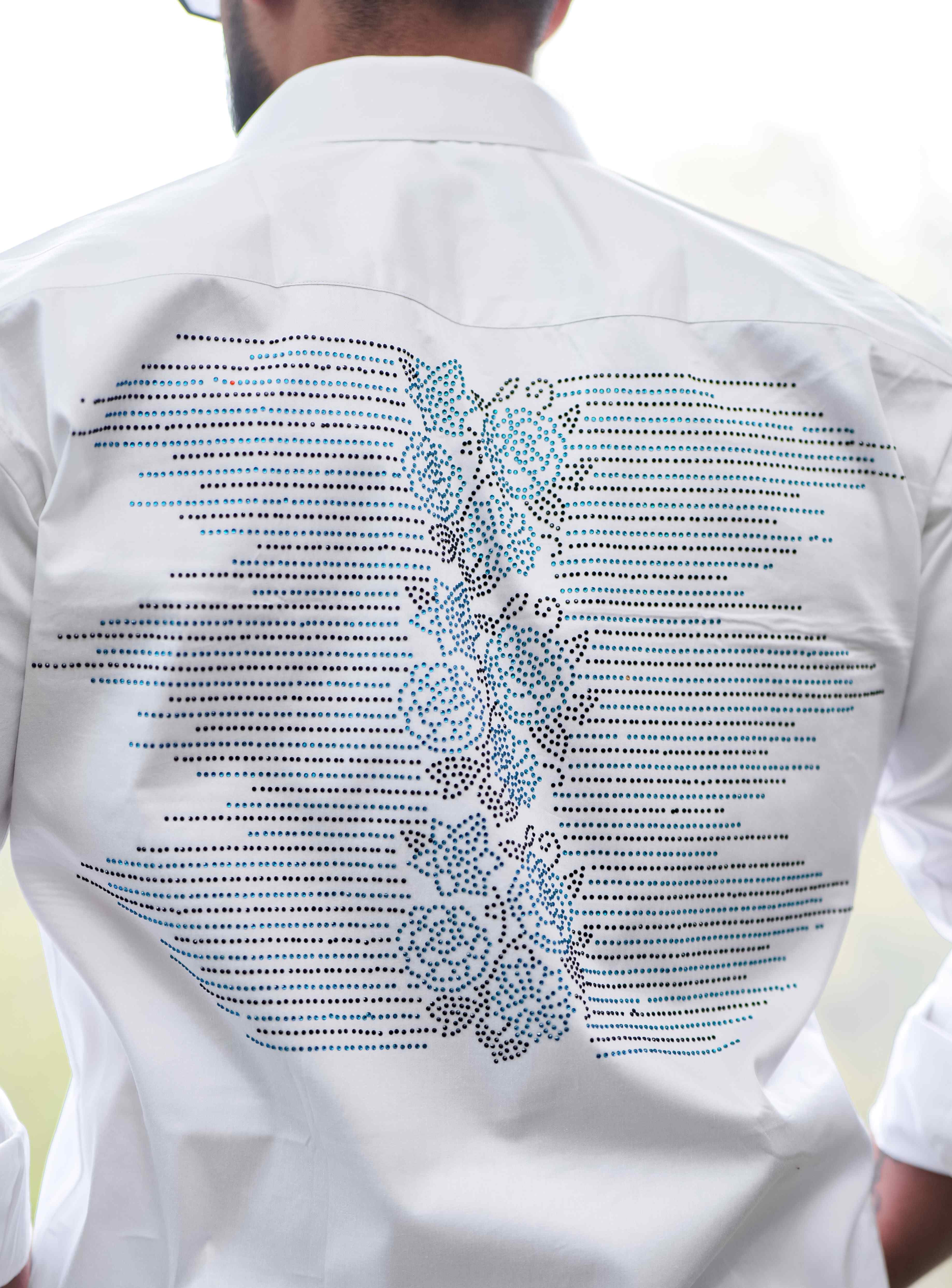 White Starry Beaded Satin Cotton Premium Party Shirt - Image 2
