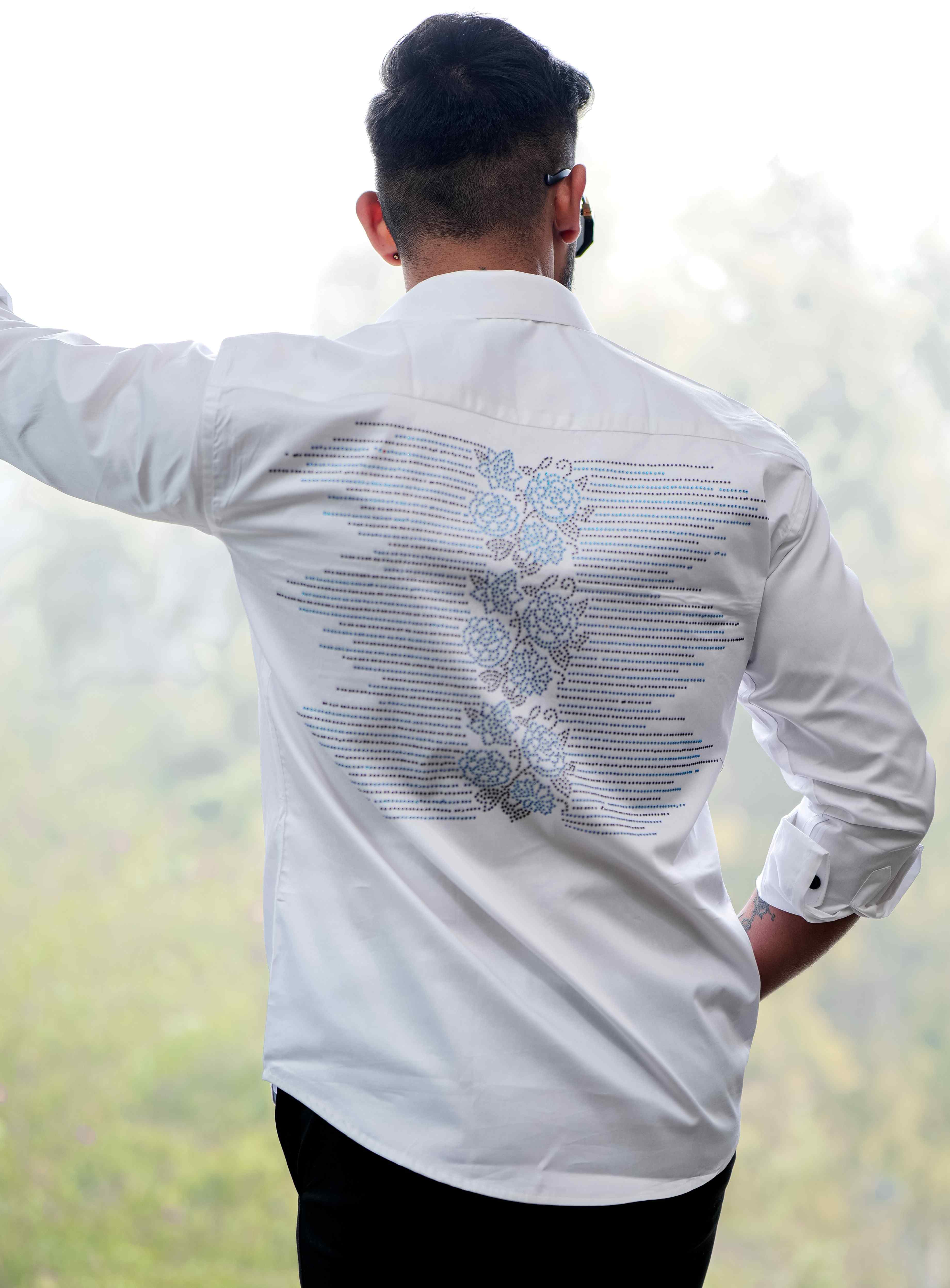White Starry Beaded Satin Cotton Premium Party Shirt - Image 4