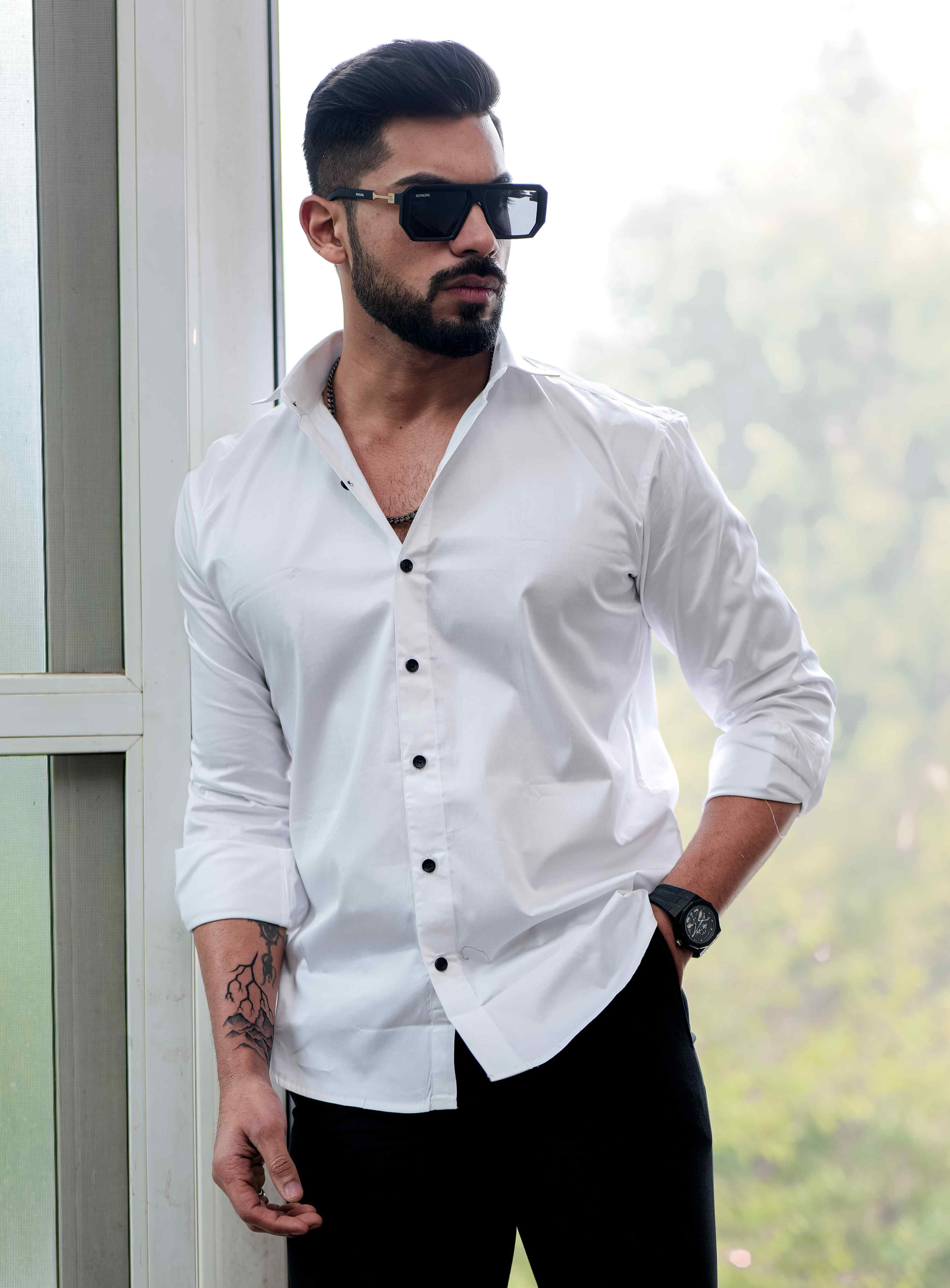 White Starry Beaded Satin Cotton Premium Party Shirt - Image 7