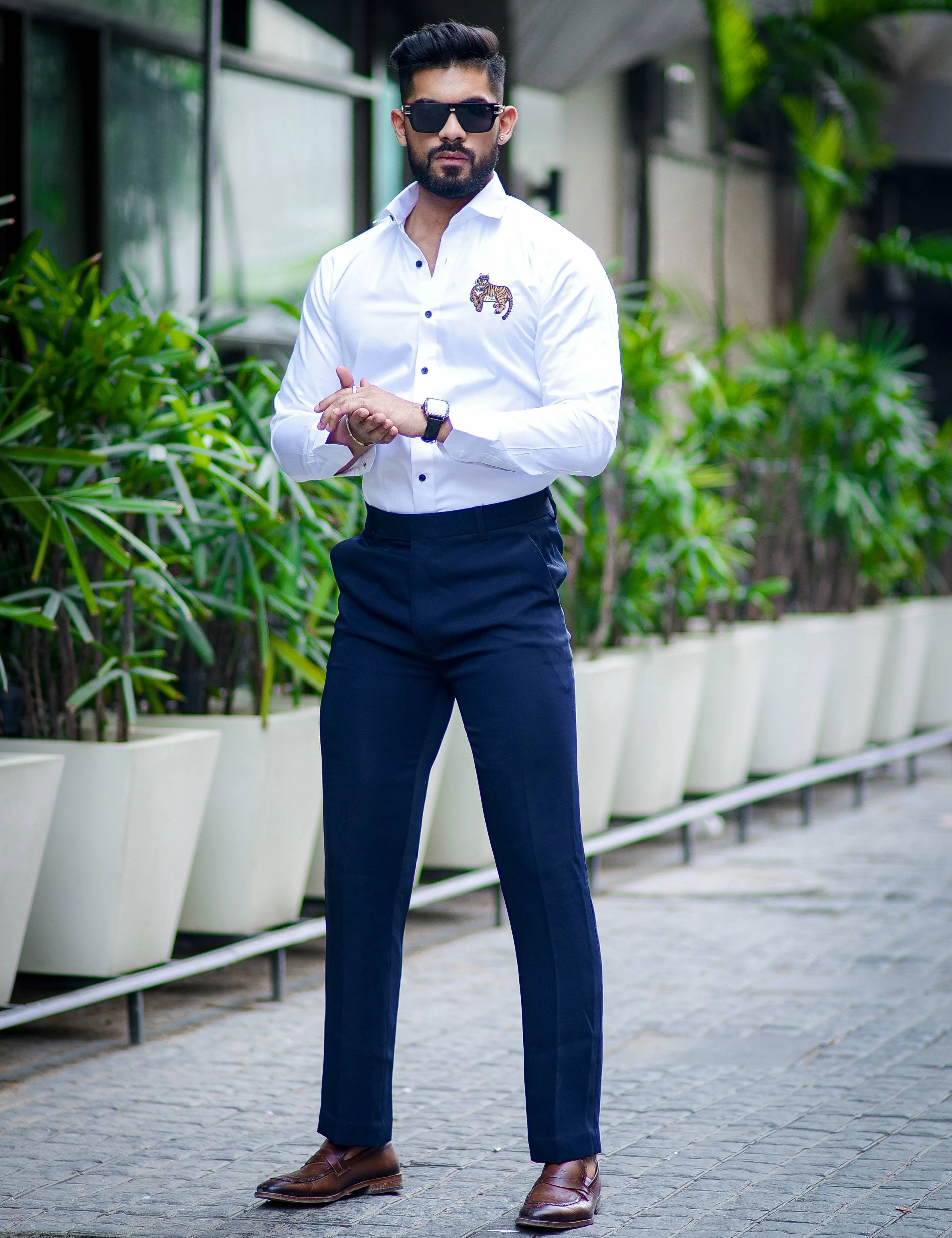 White Subtle Sheen Tiger Cub Embroidered Luxury Premium Satin Cotton Shirt - Image 5