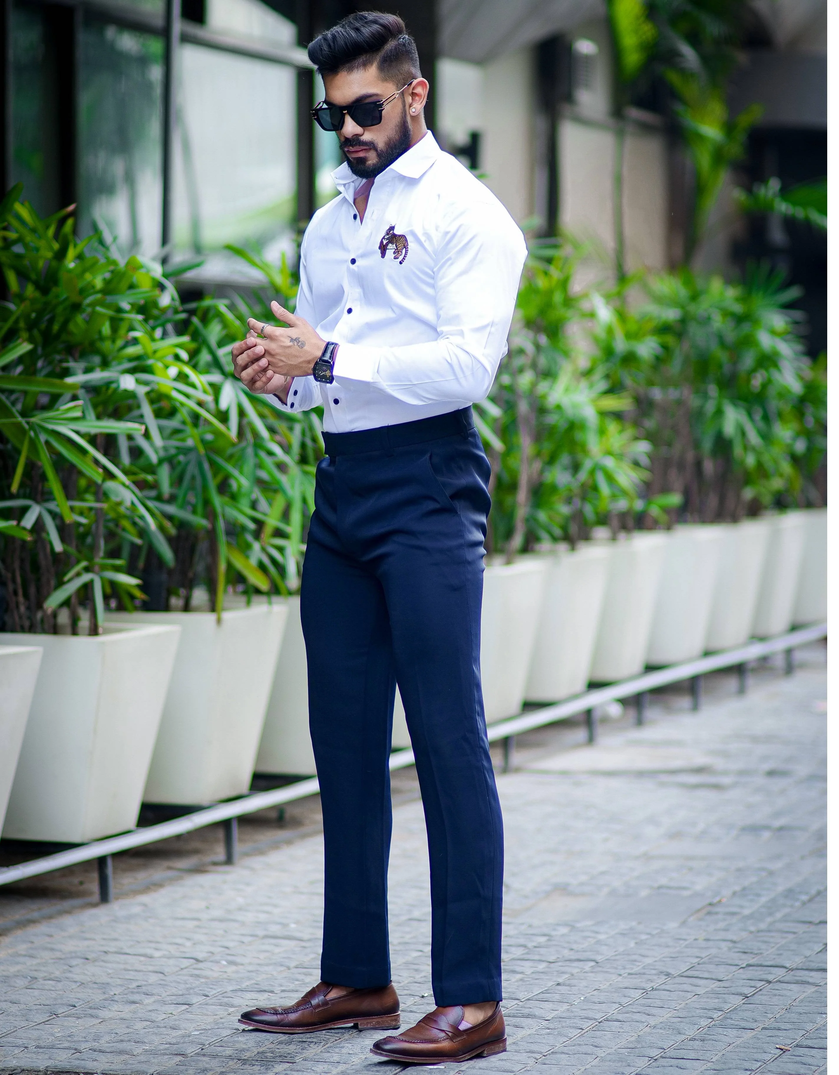 White Subtle Sheen Tiger Cub Embroidered Luxury Premium Satin Cotton Shirt - Image 7