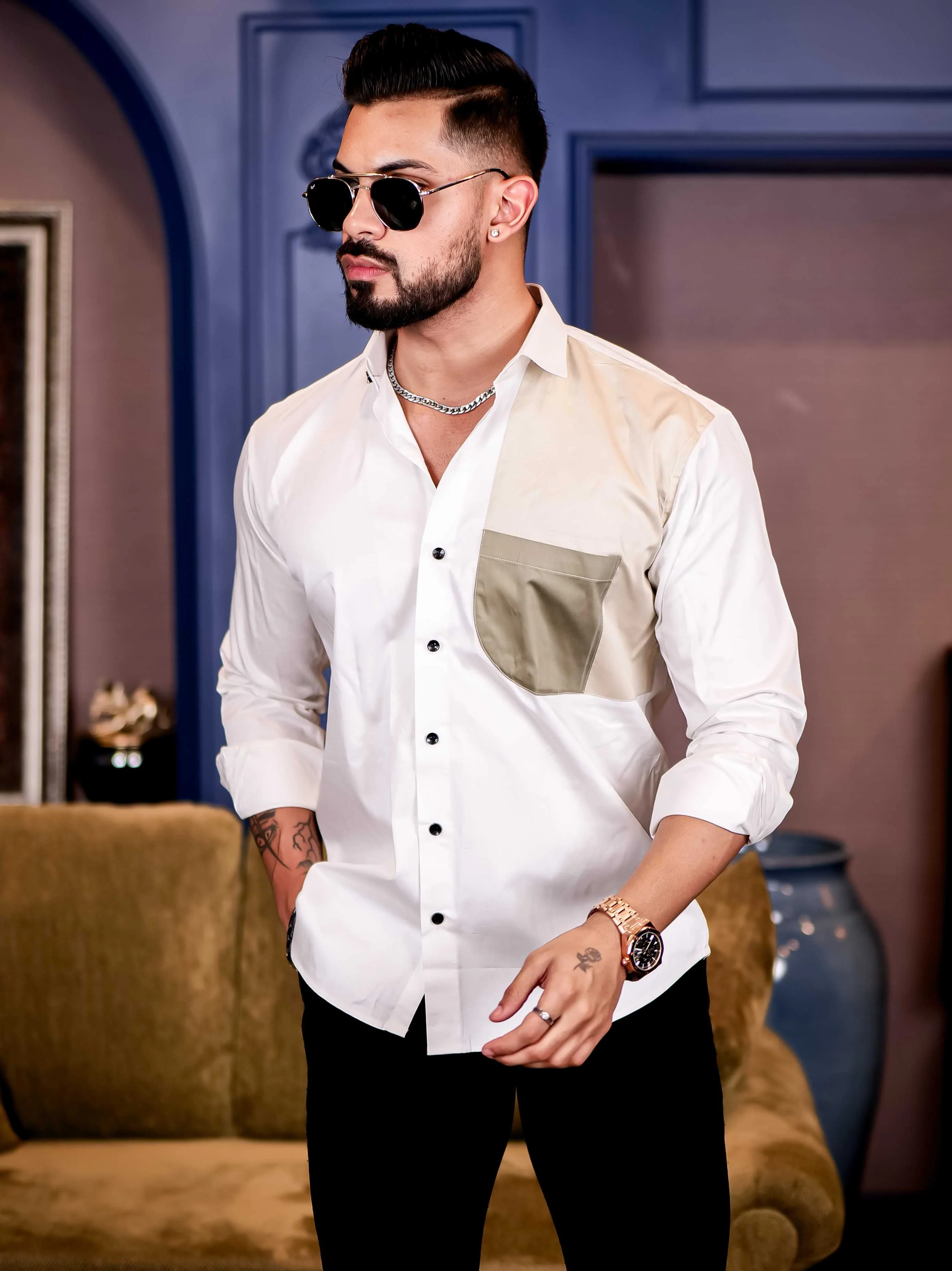 White with Cream Cut n sew Premium Cotton Shirt For Men - Image 3