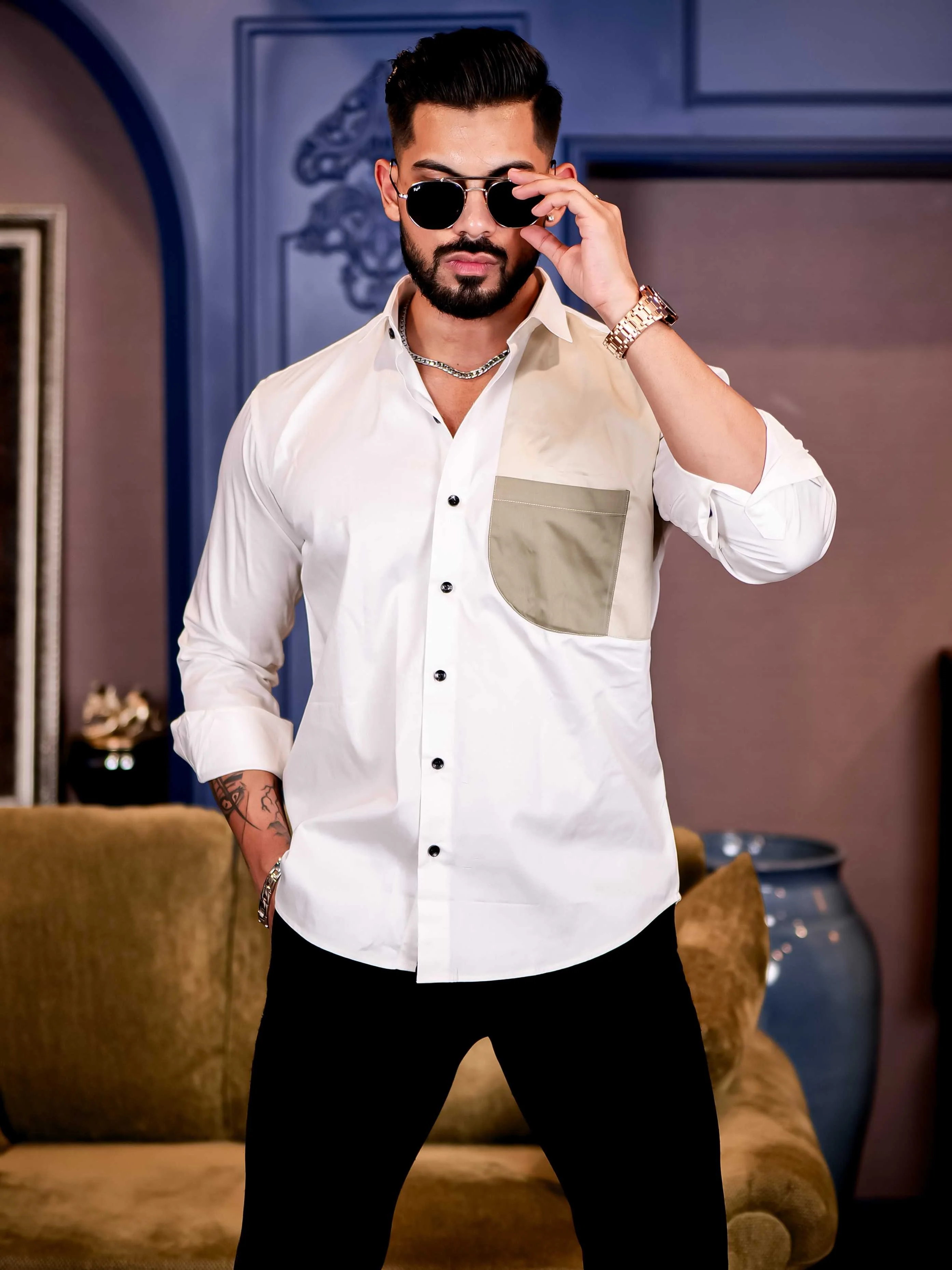 White with Cream Cut n sew Premium Cotton Shirt For Men - Image 4