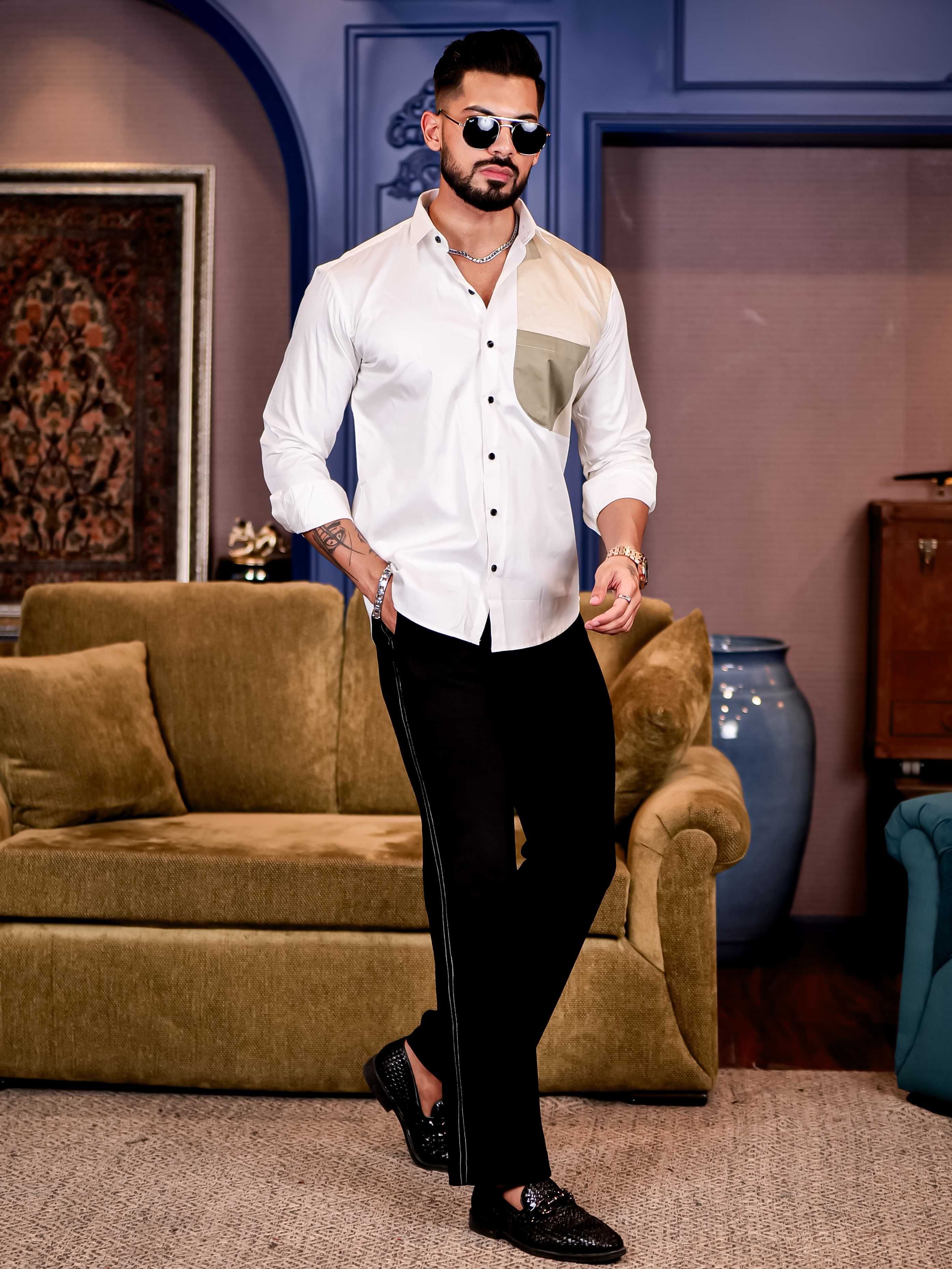 White with Cream Cut n sew Premium Cotton Shirt For Men - Image 6