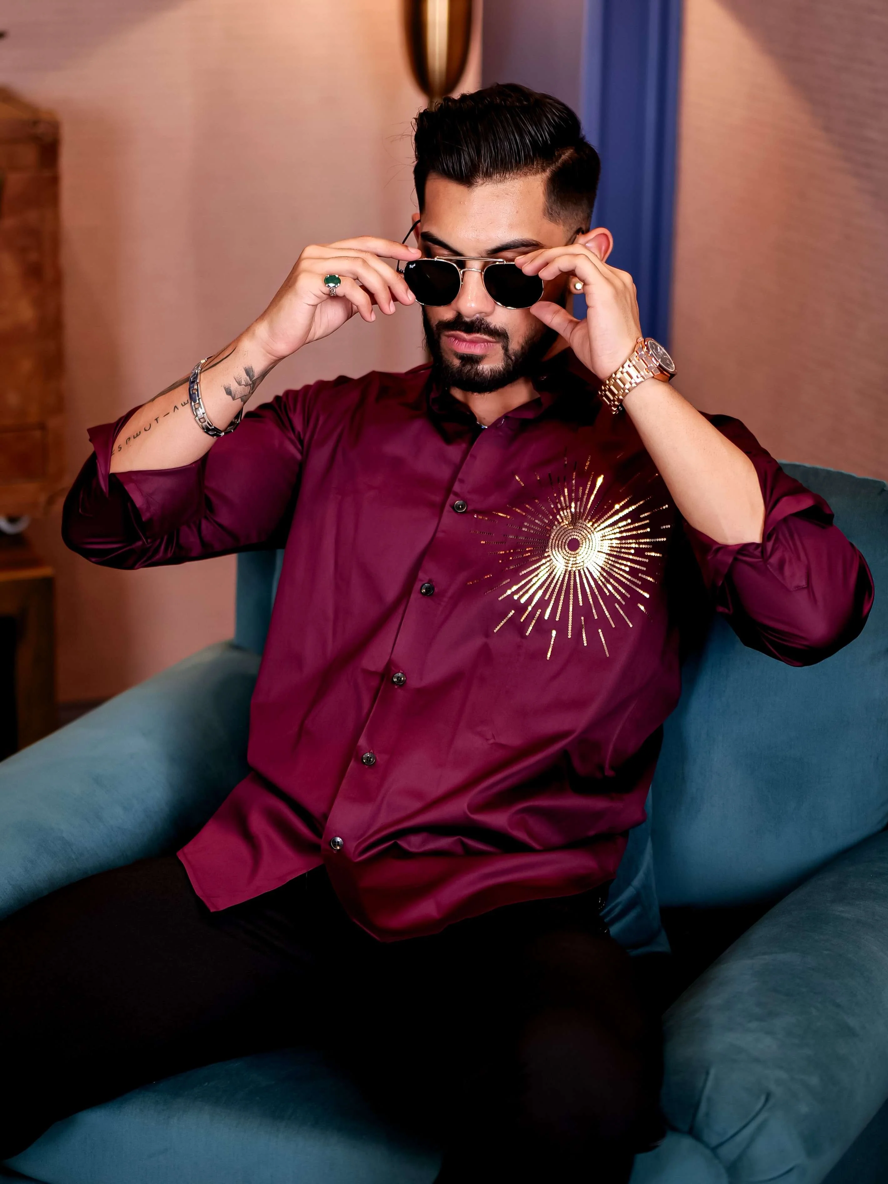 Wine Club Wear Sequence Printed Satin Cotton Shirt - Image 5