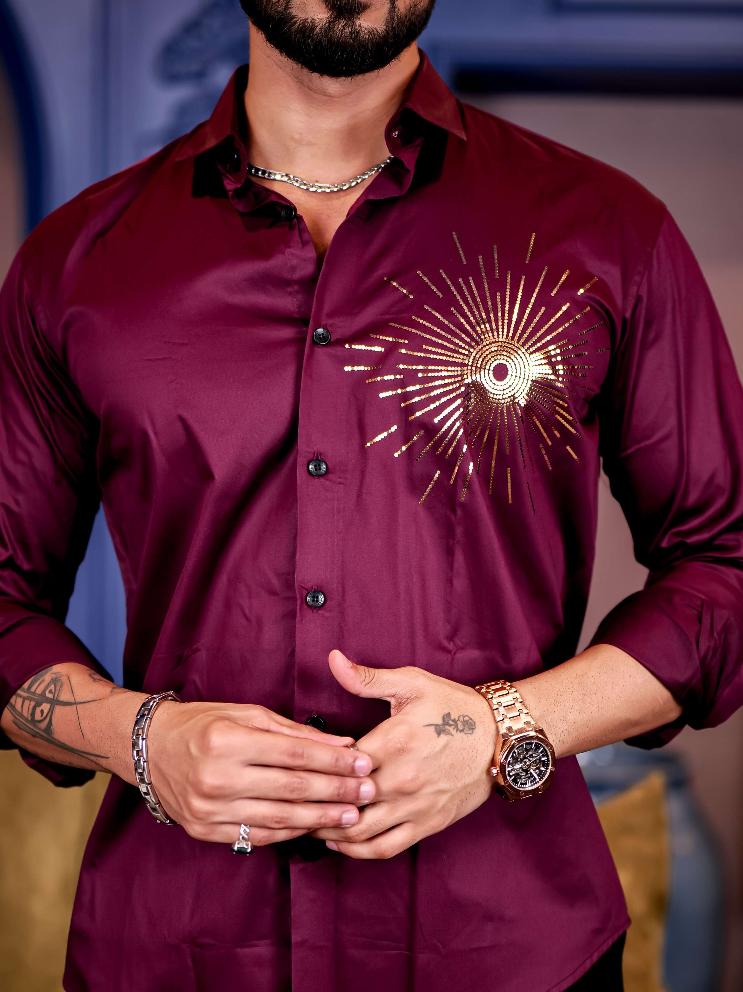 Wine Club Wear Sequence Printed Satin Cotton Shirt - Image 8