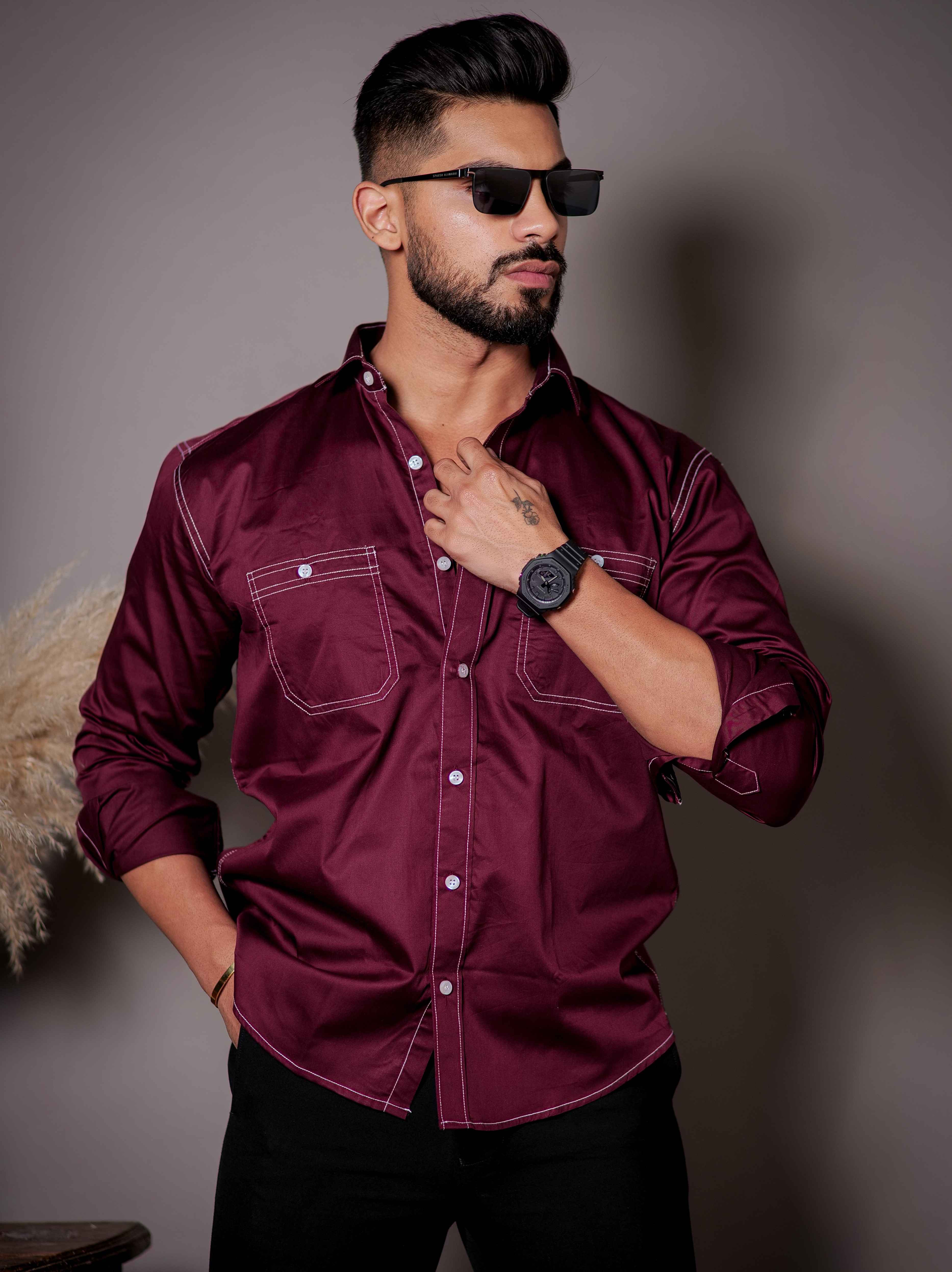 Maroon Premium Satin Cotton Shirt - Image 3