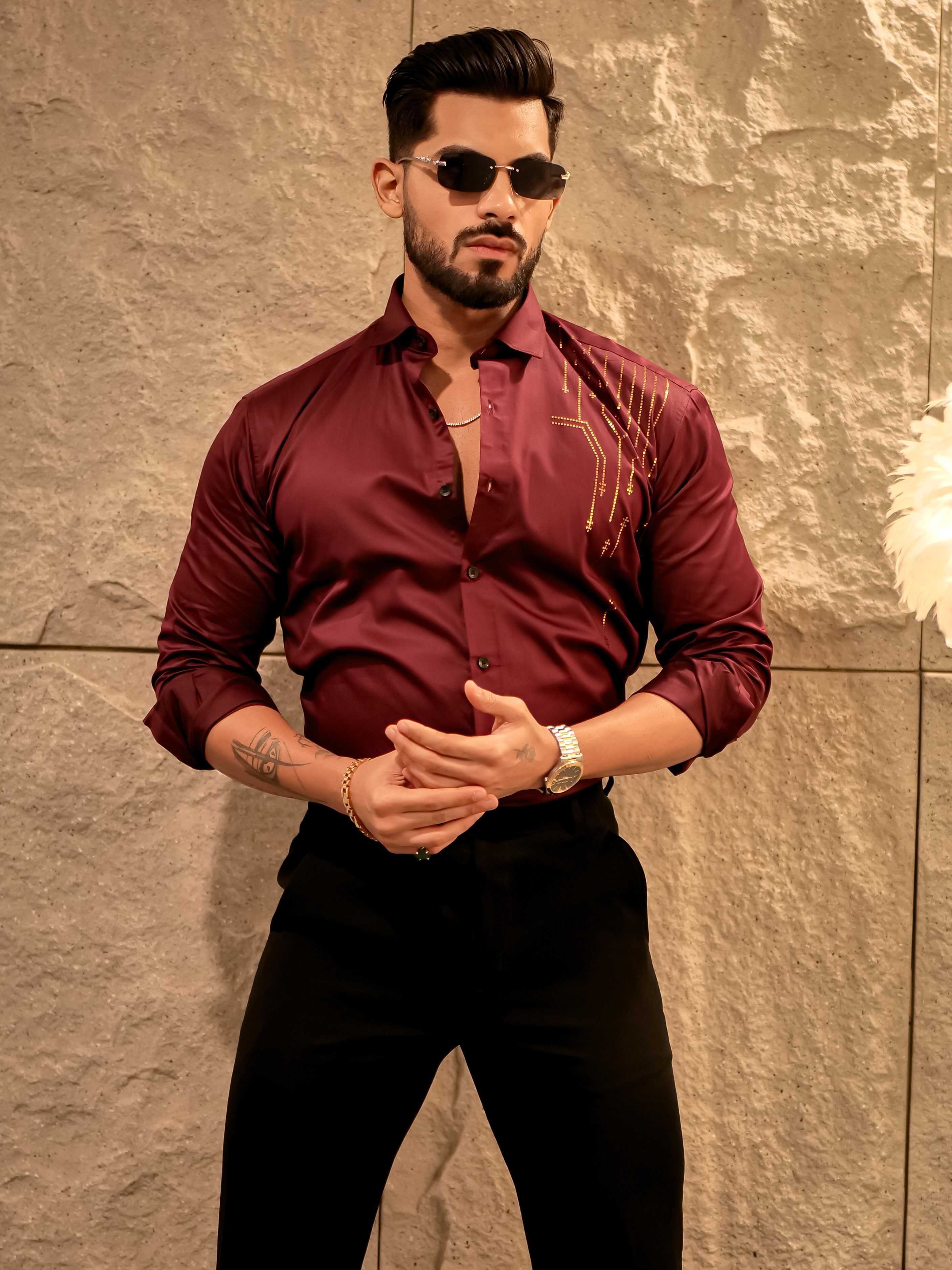 Wine Sequence Club Wear Satin Cotton Party Shirt - Image 5