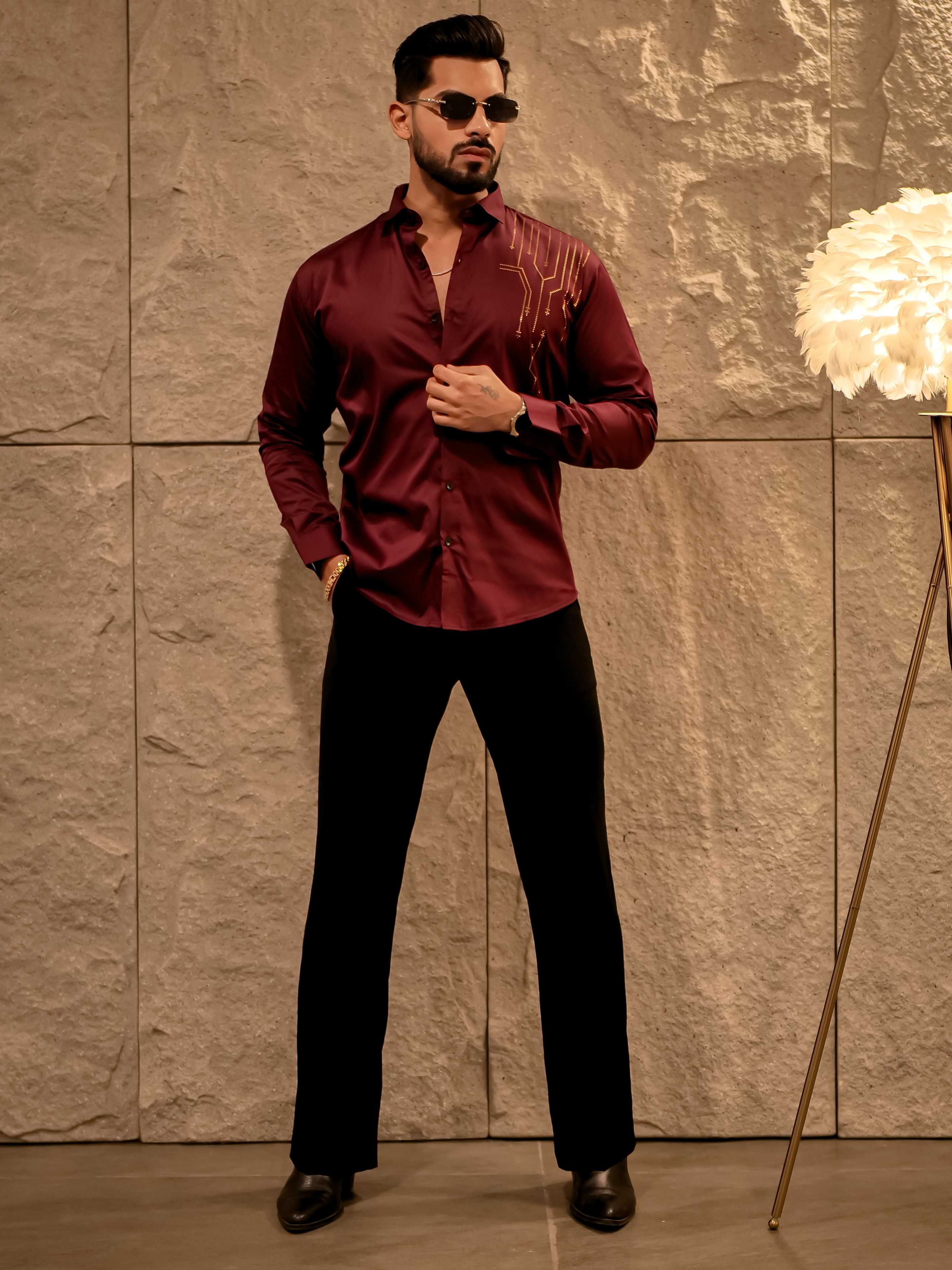 Wine Sequence Club Wear Satin Cotton Party Shirt - Image 6