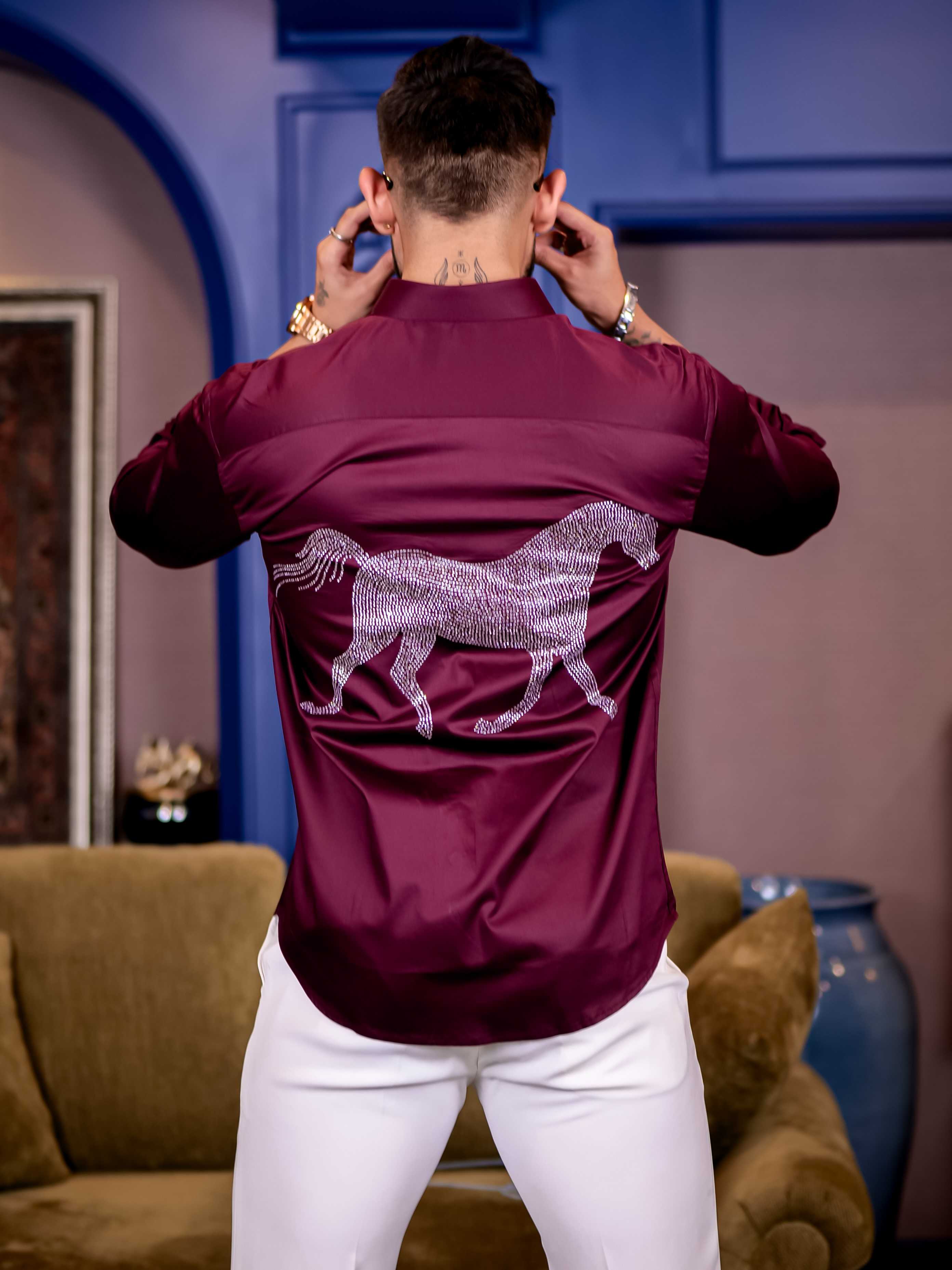 Wine Starry Beaded Satin Cotton Premium Party Shirt - Image 3