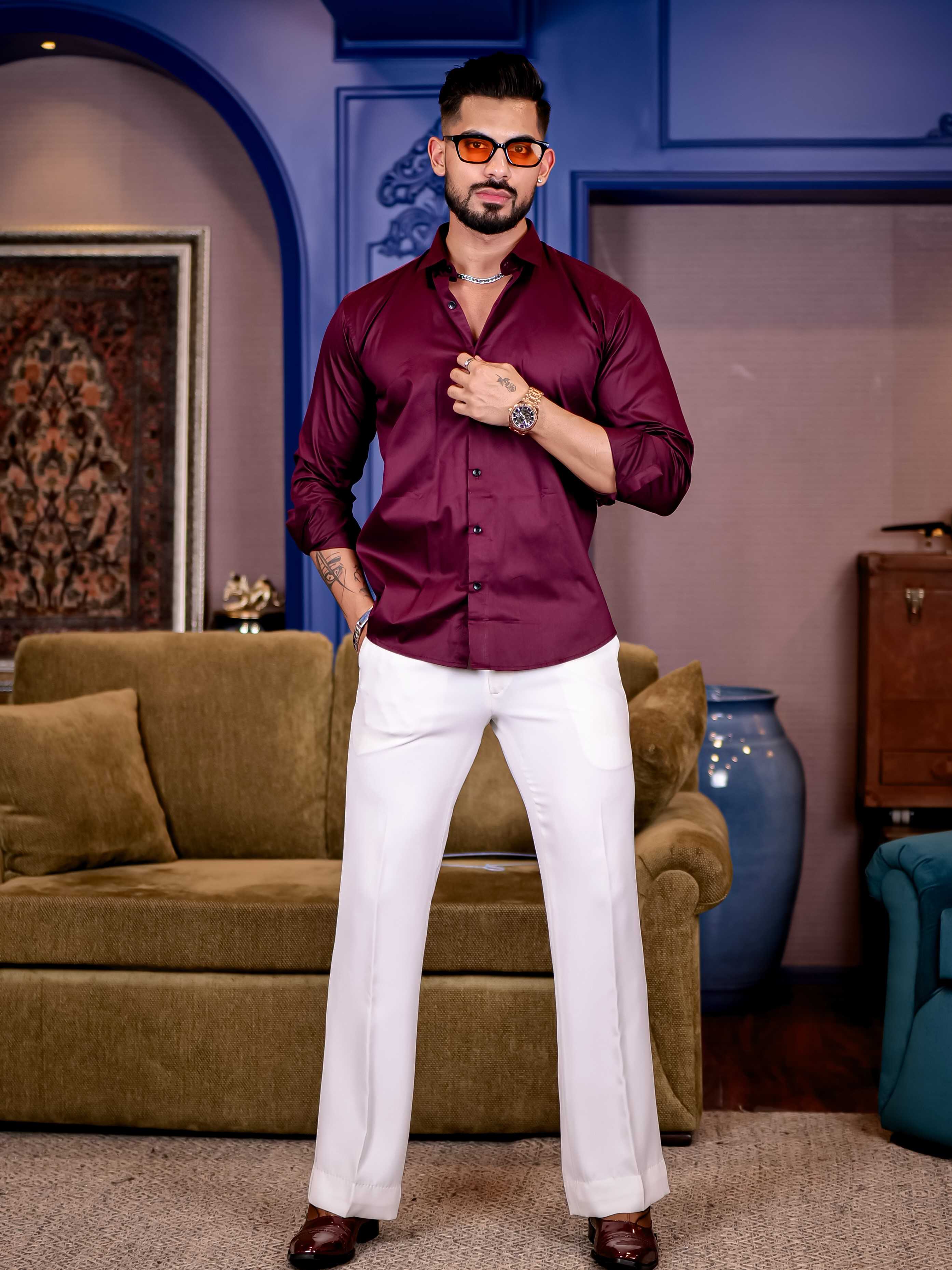Wine Starry Beaded Satin Cotton Premium Party Shirt - Image 4