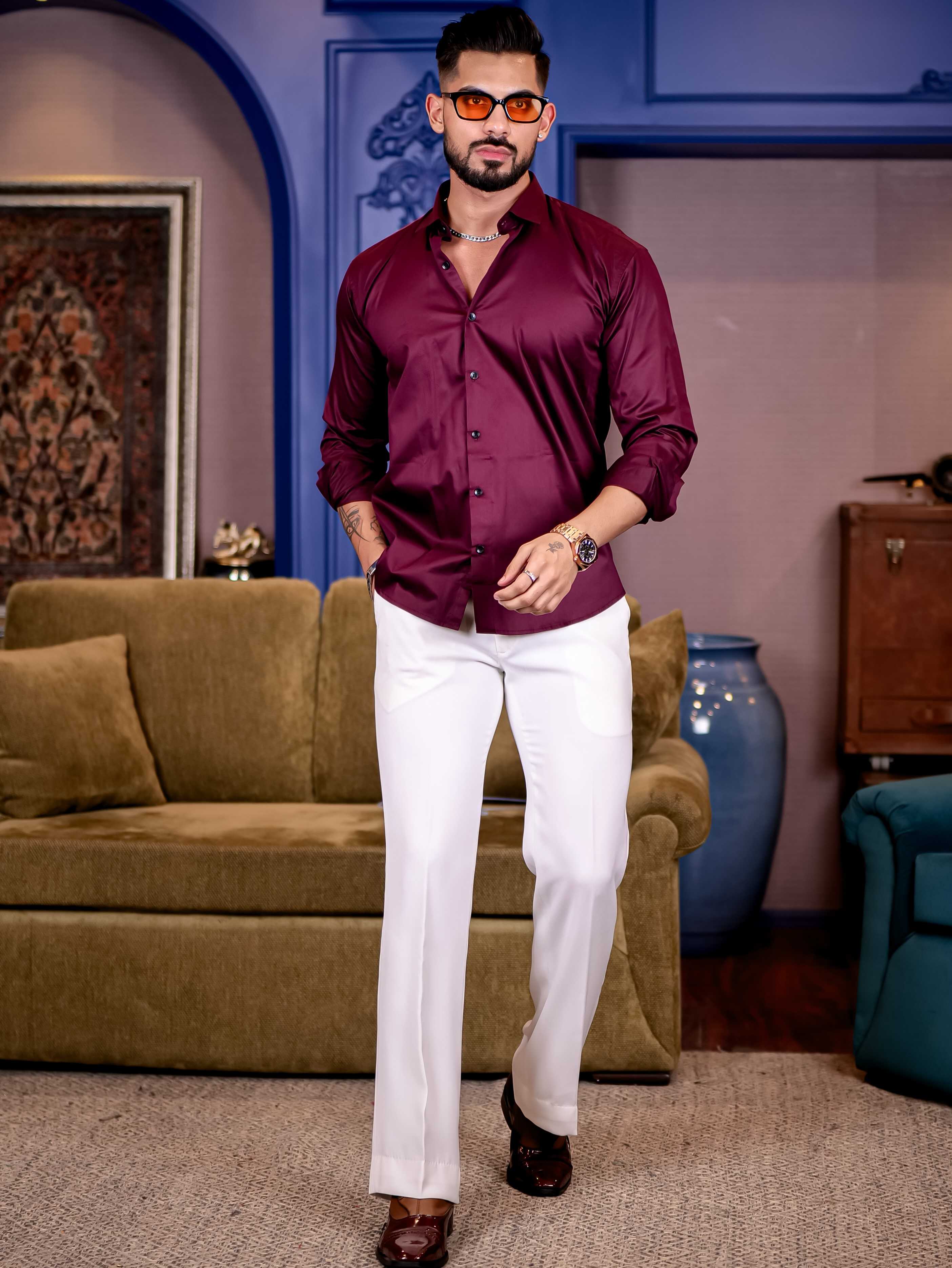 Wine Starry Beaded Satin Cotton Premium Party Shirt - Image 5