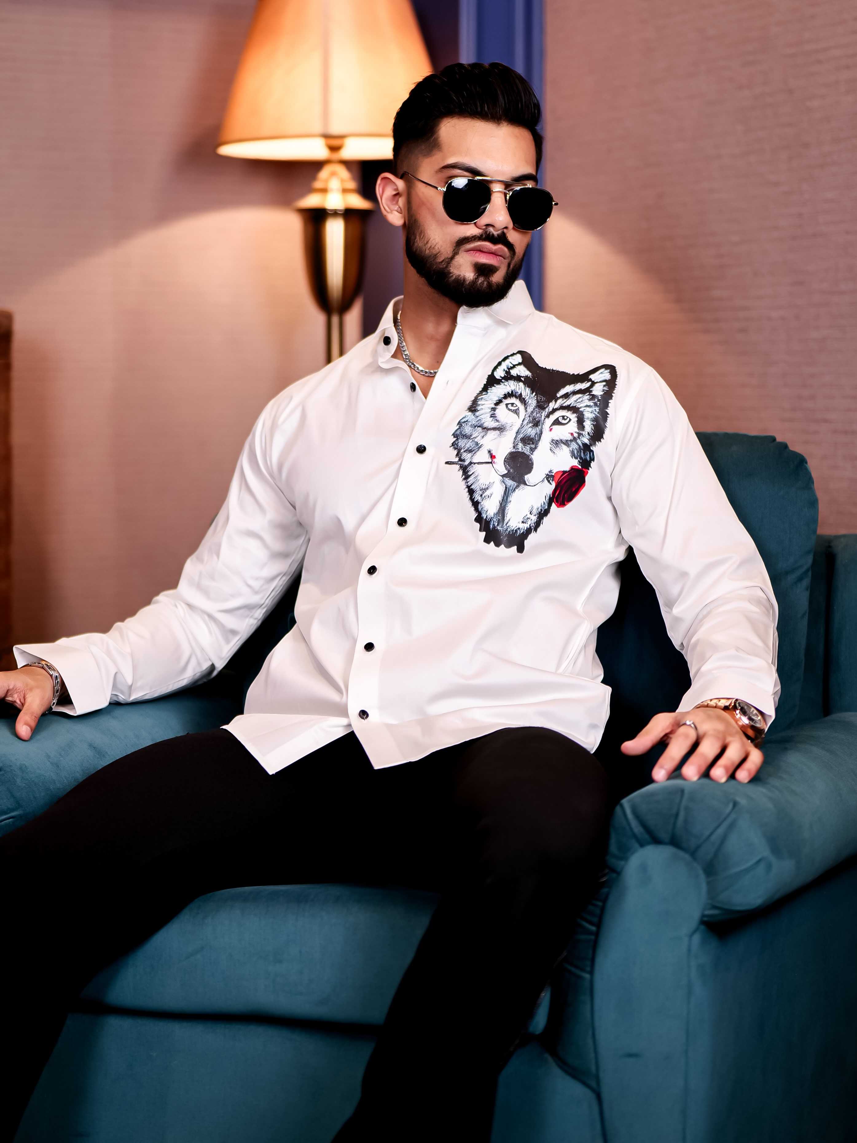 Wolf Love White Club Wear Printed Satin Cotton Shirt - Image 3