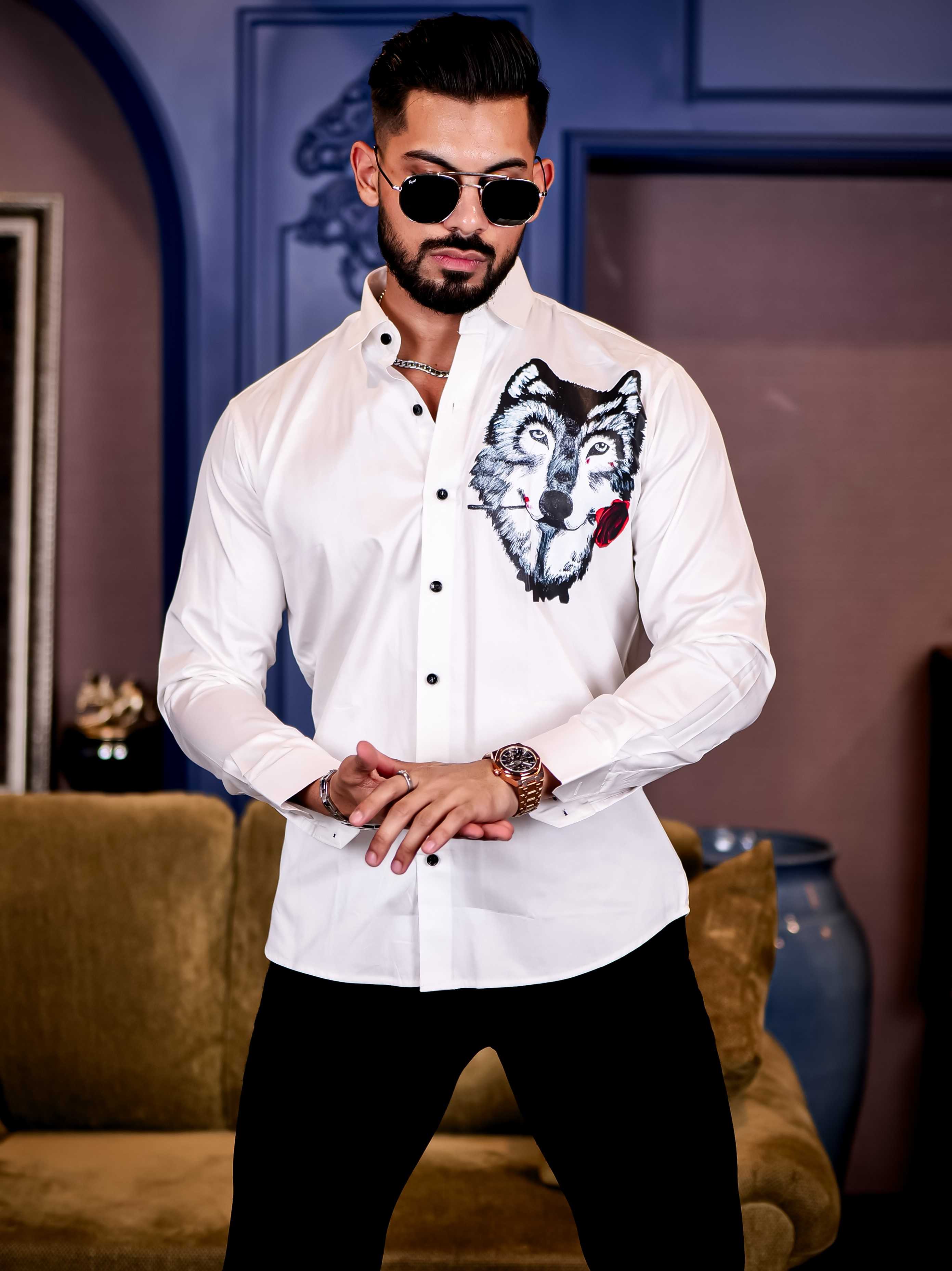 Wolf Love White Club Wear Printed Satin Cotton Shirt - Image 5